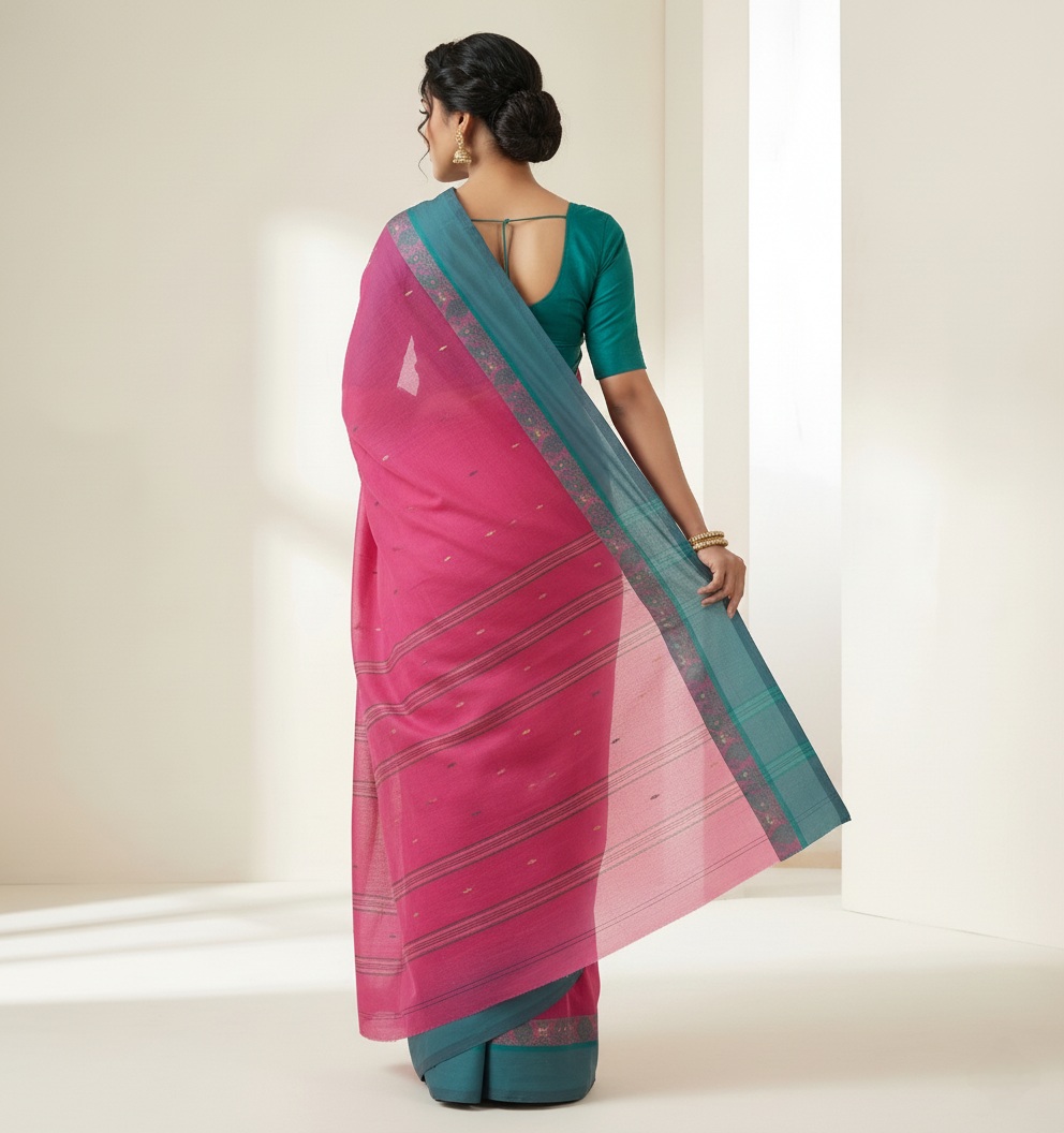 Vibrant Magenta Pink Tant Saree with Contrast Forest Green Border – Pure Handloom Cotton | Sutayan
