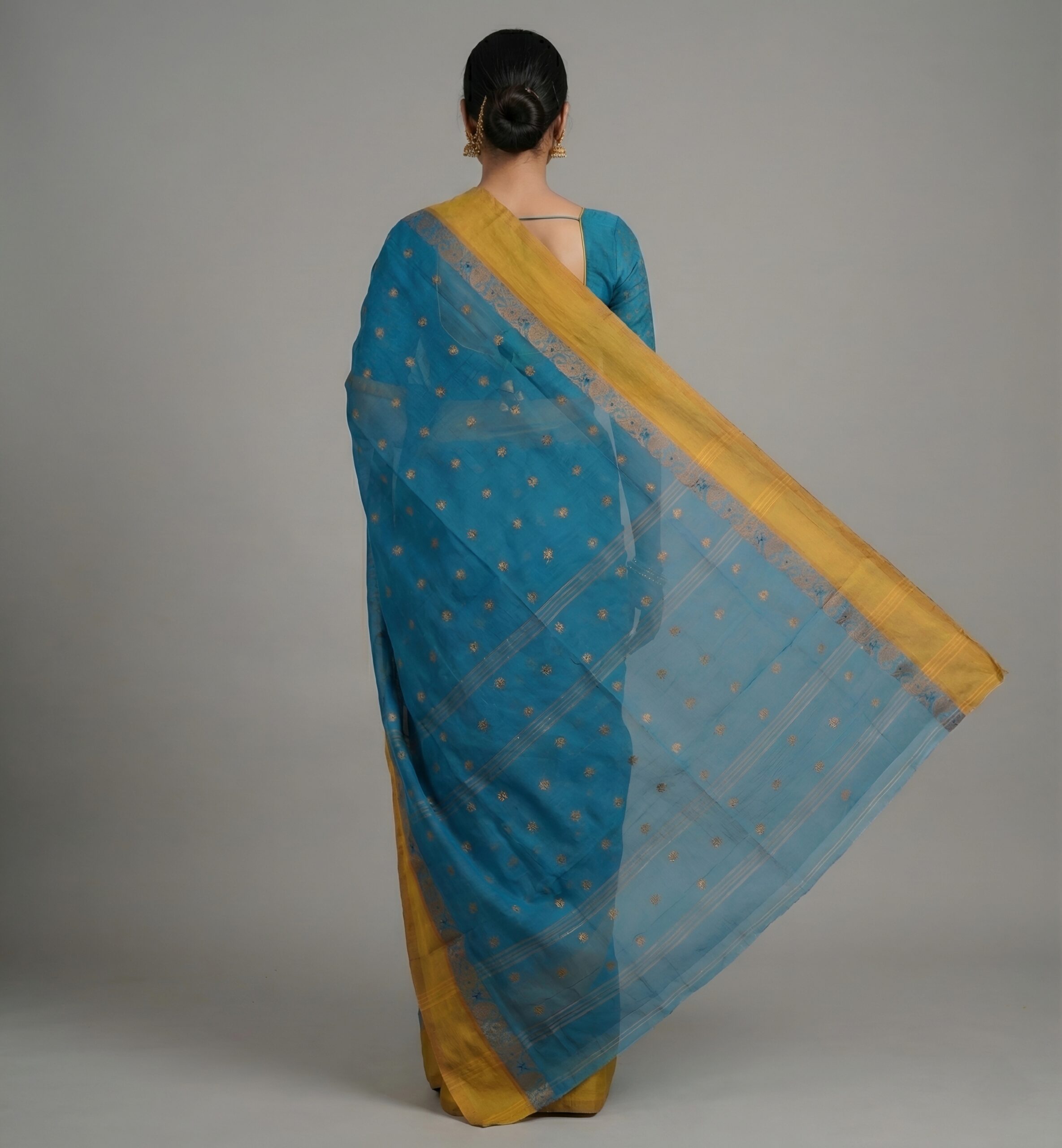 Regal Peacock Blue Tant Saree with Mustard Yellow Woven Border – Pure Handloom Cotton | Sutayan