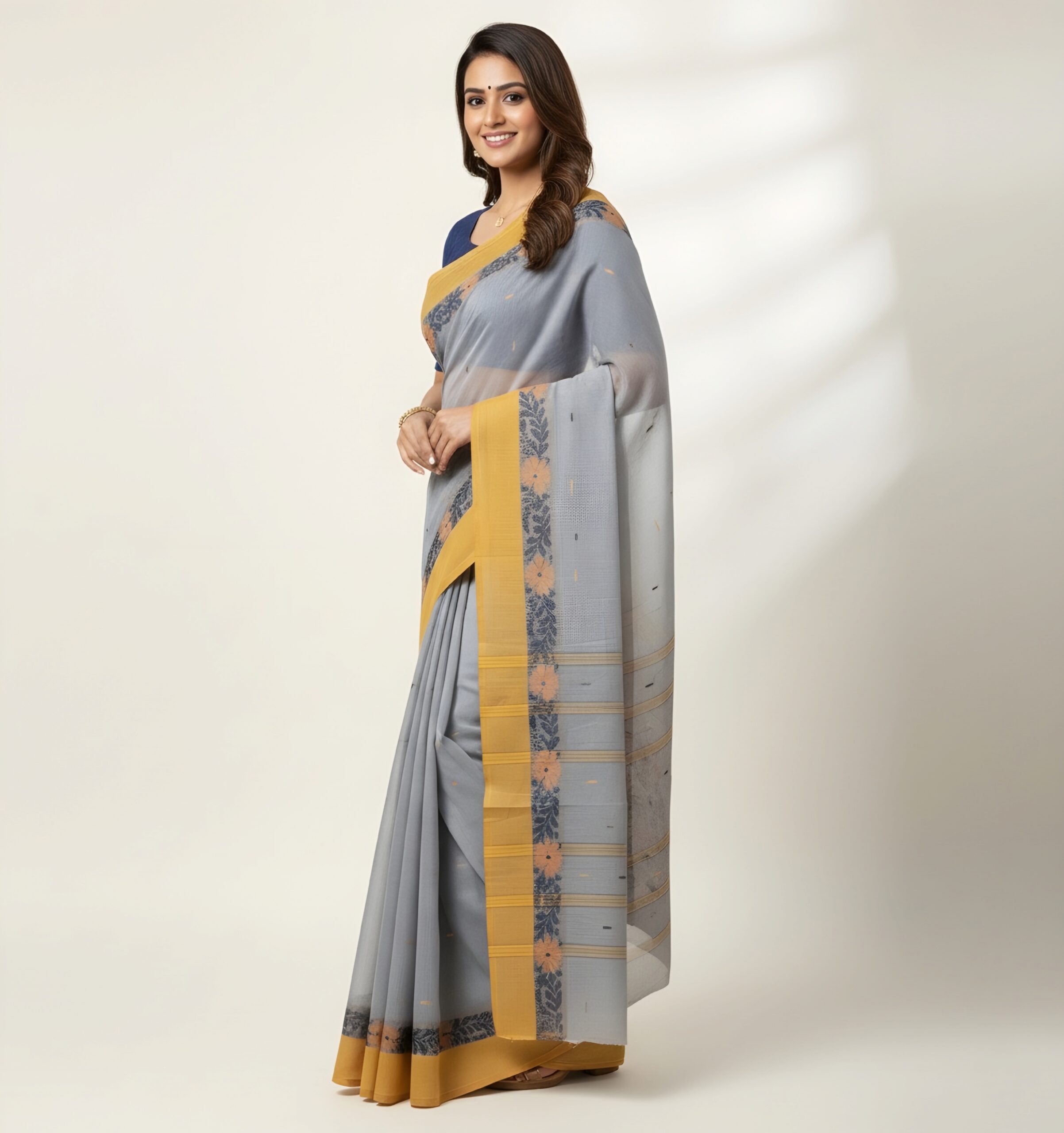 Sophisticated Steel Grey Tant Saree with Mustard Yellow Floral Border – Pure Handloom Cotton | Sutayan