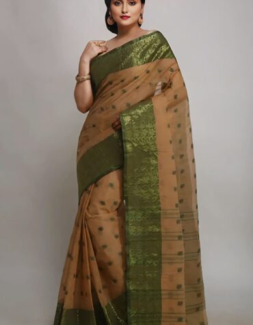 Elegant Beige & Green Pure Cotton Tant Saree with Woven Border | Sutayan