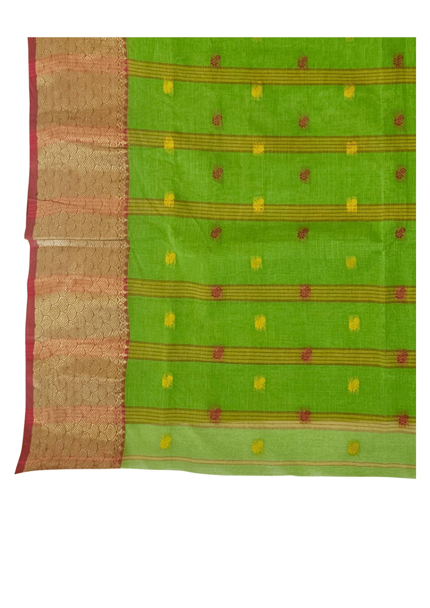 Vibrant Parrot Green Tant Saree with Copper-Gold Border – Pure Handloom Cotton Festive Wear | Sutayan