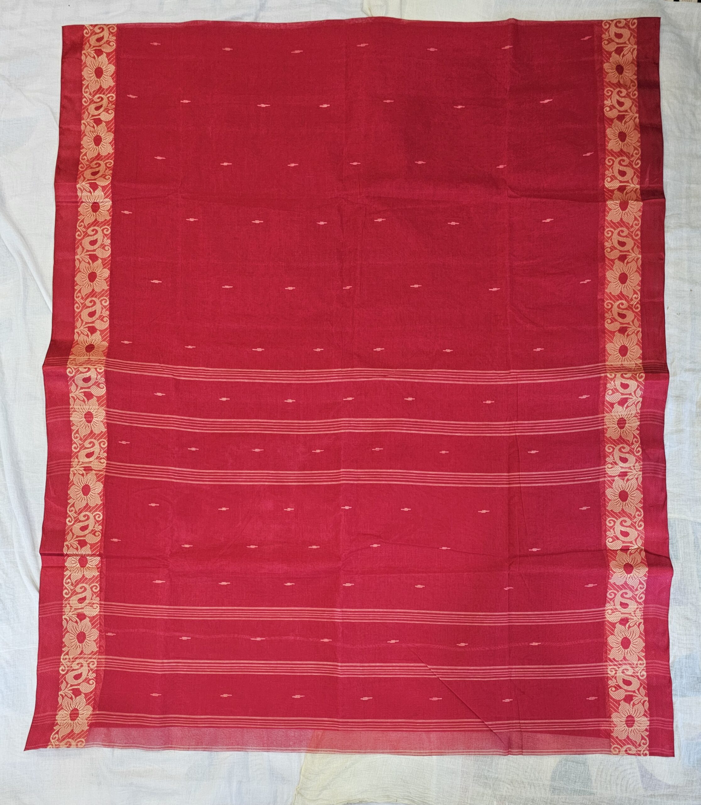 Regal Deep Maroon Tant Saree with Rich Golden-Copper Border – Pure Handloom Cotton Festive Wear | Sutayan