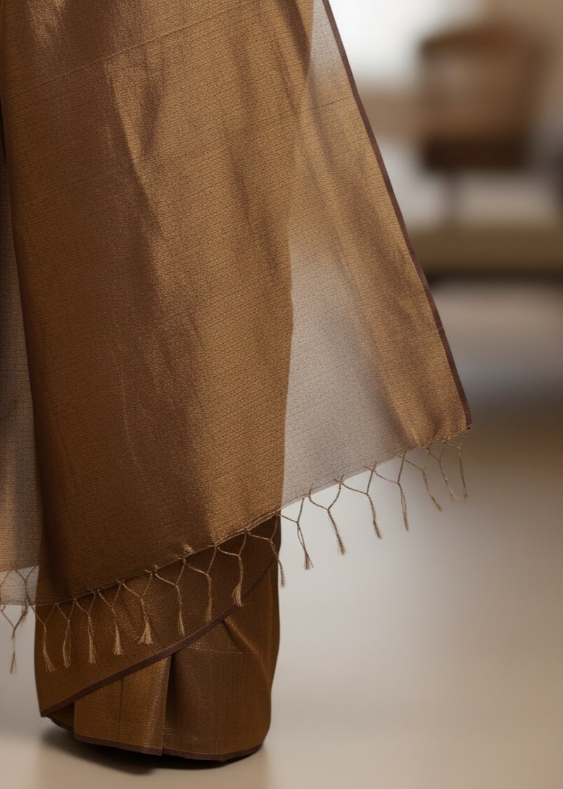 Luxurious Chocolate Brown Tissue Silk Saree with Blouse Piece – Metallic Evening Festive Wear | Sutayan