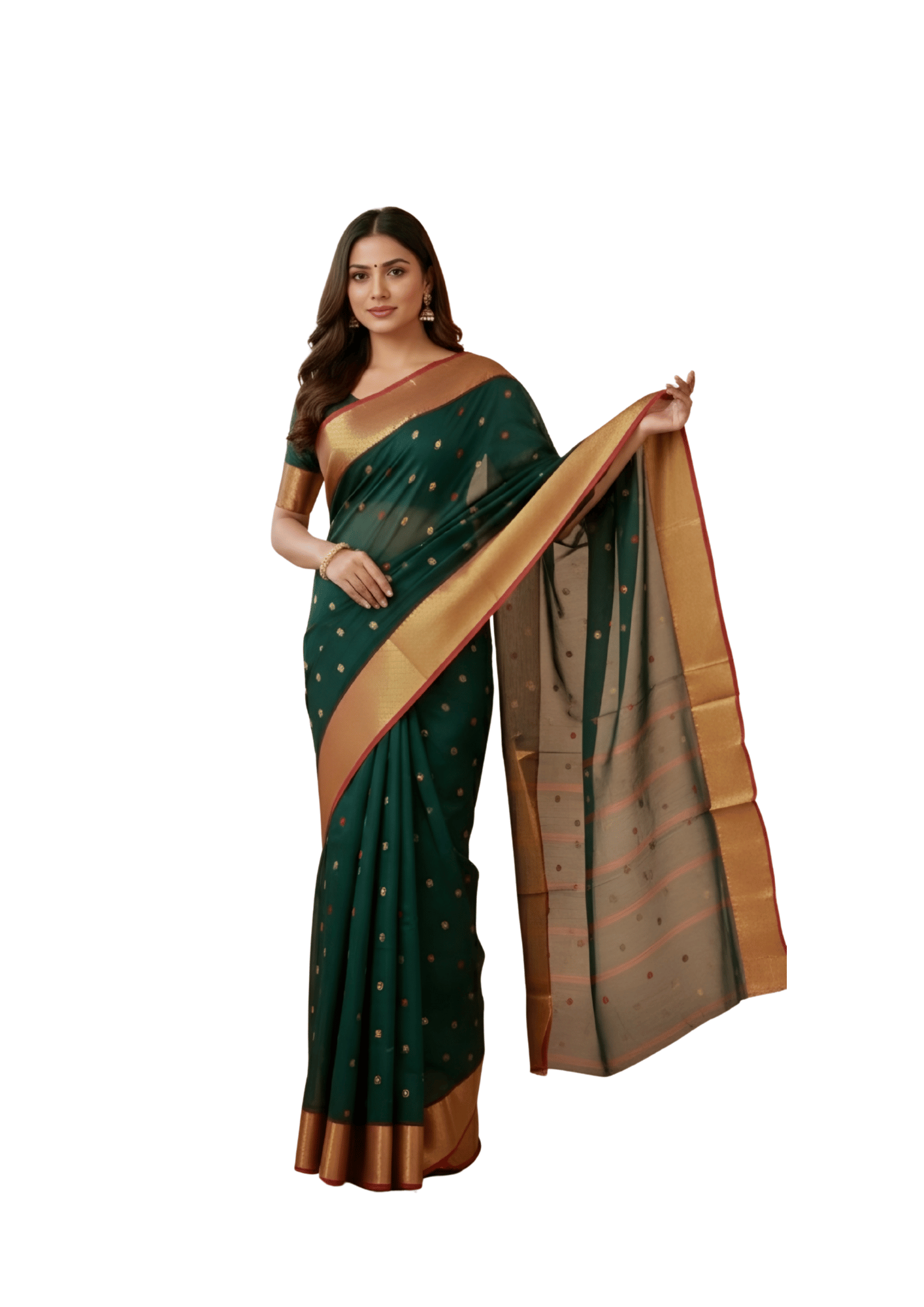 Regal Bottle Green Tant Saree with Rich Copper-Gold Border – Pure Handloom Cotton Festive Wear | Sutayan