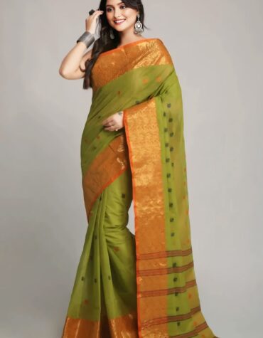 Elegant Light Green & Orange Pure Cotton Tant Saree | Sutayan