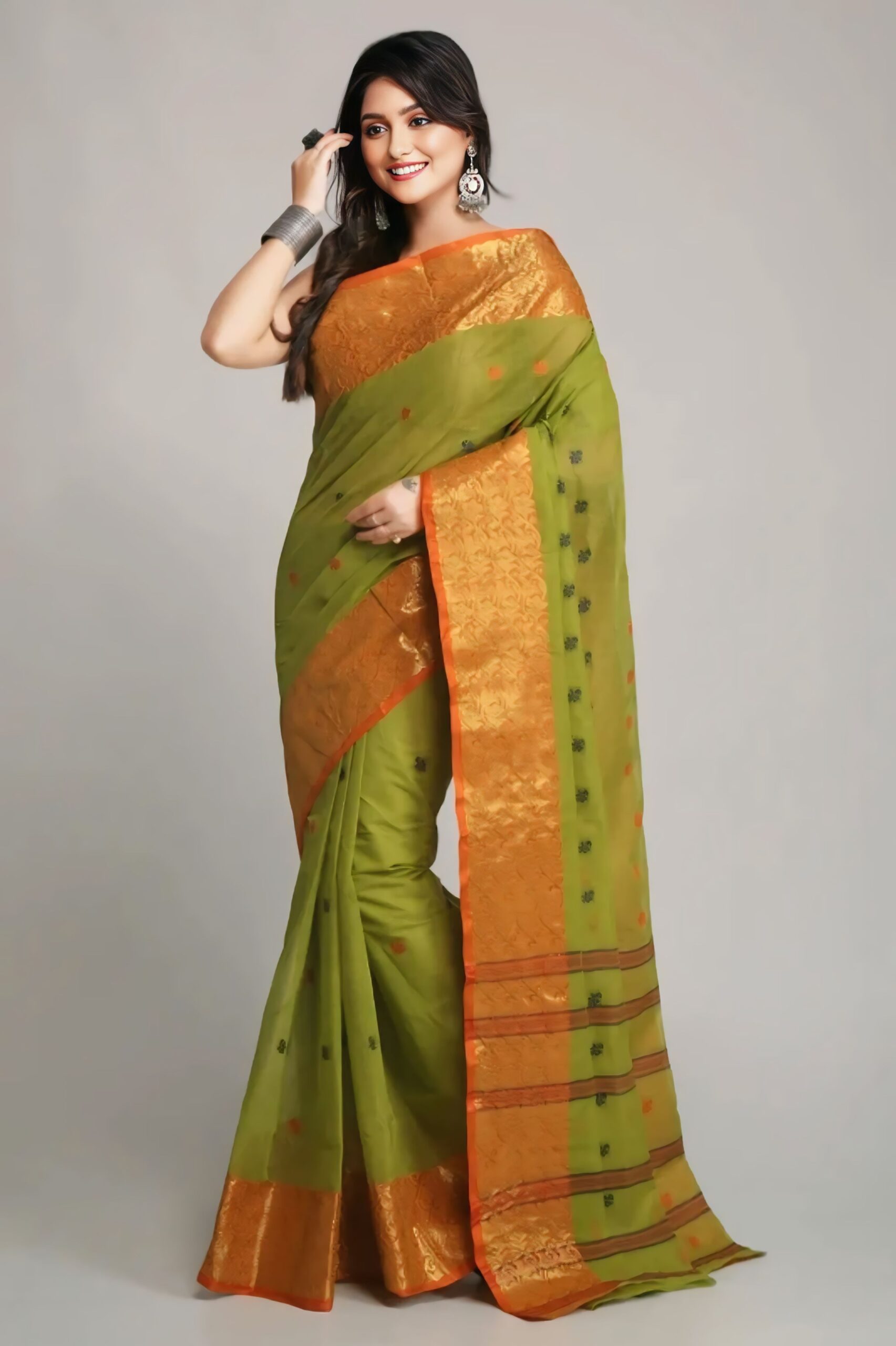 Elegant Light Green & Orange Pure Cotton Tant Saree | Sutayan