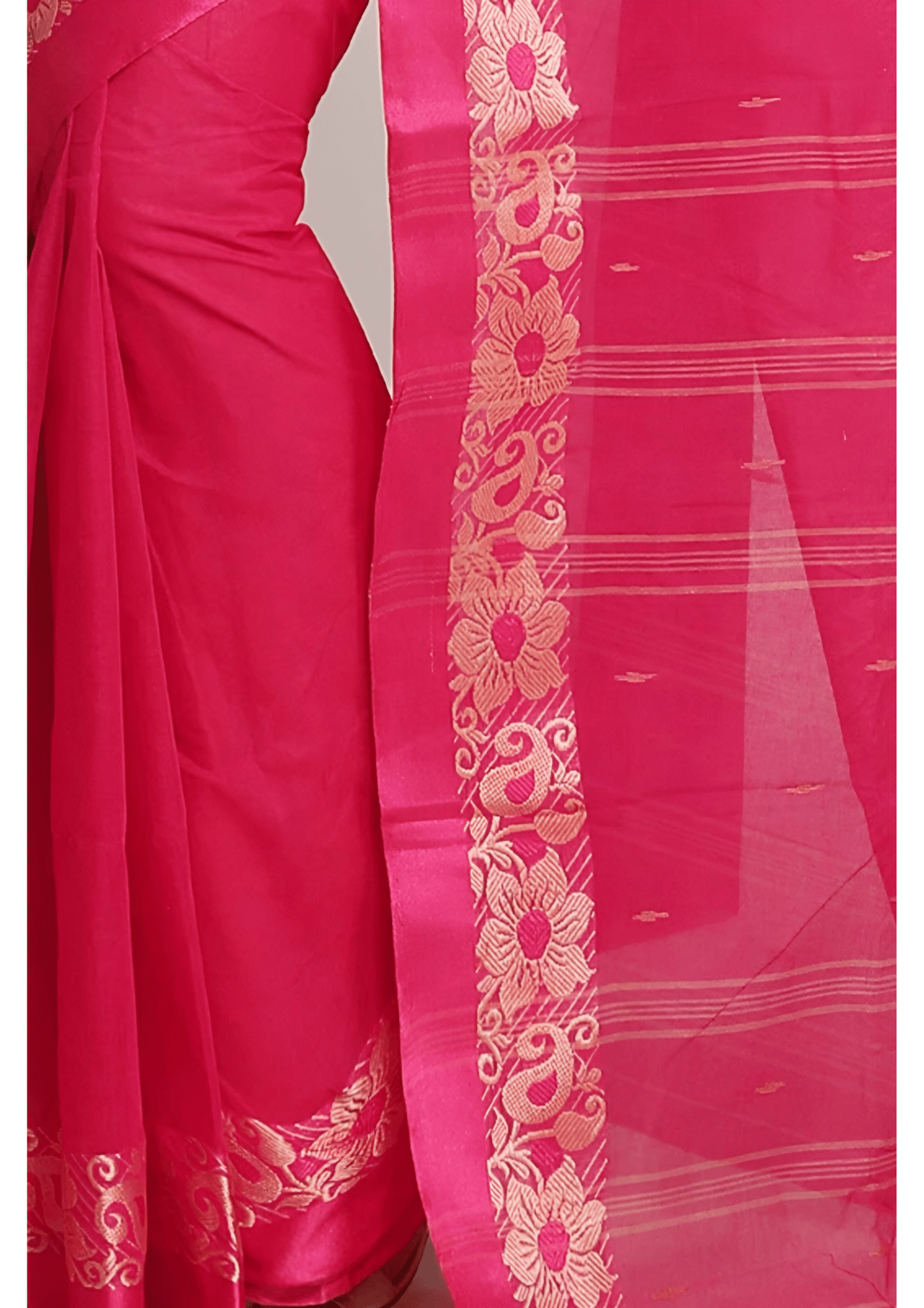 Vibrant Fuchsia Pink Tant Saree with Elegant Silver-Gold Floral Border – Pure Handloom Cotton | Sutayan
