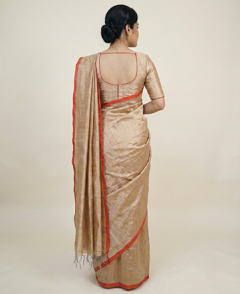Champagne Gold Tissue Silk Saree with Contrast Red Border & Blouse Piece – Chic Festive Wear | Sutayan