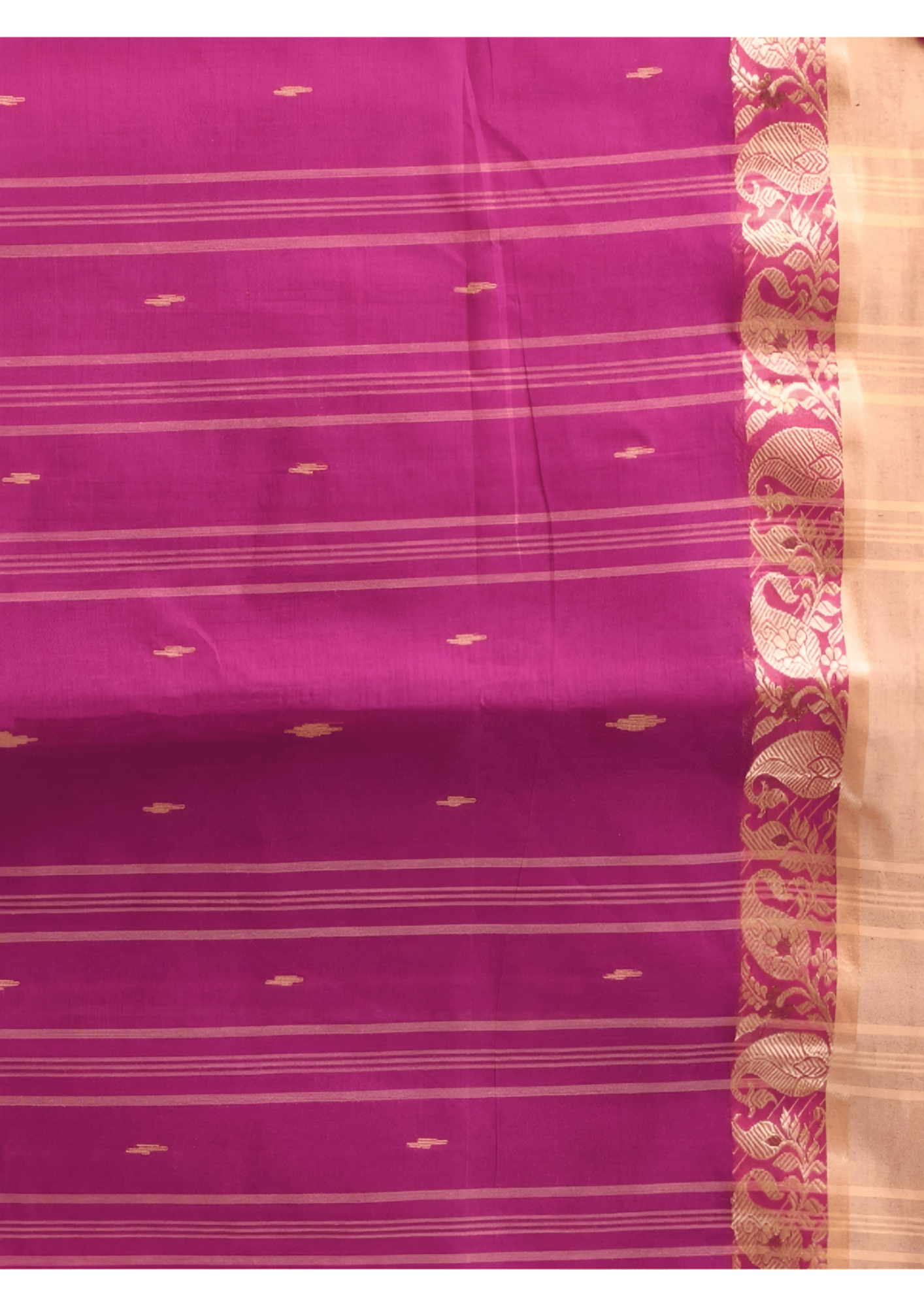 Regal Magenta Purple Tant Saree with Cream-Gold Floral Woven Border – Pure Handloom Cotton | Sutayan
