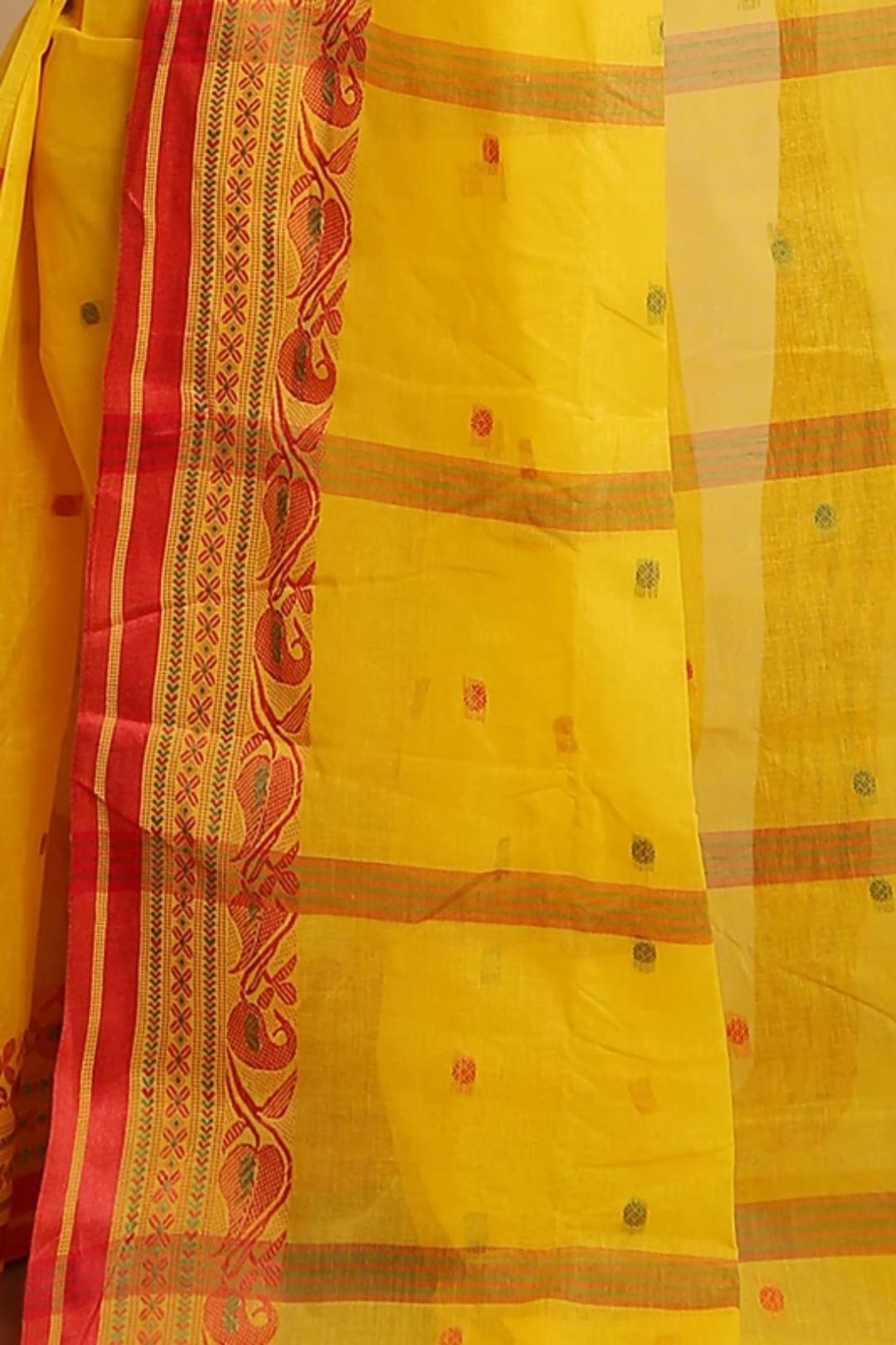 Traditional Bright Yellow Tant Saree with Red Woven Border – Pure Cotton Handloom Saree | Sutayan