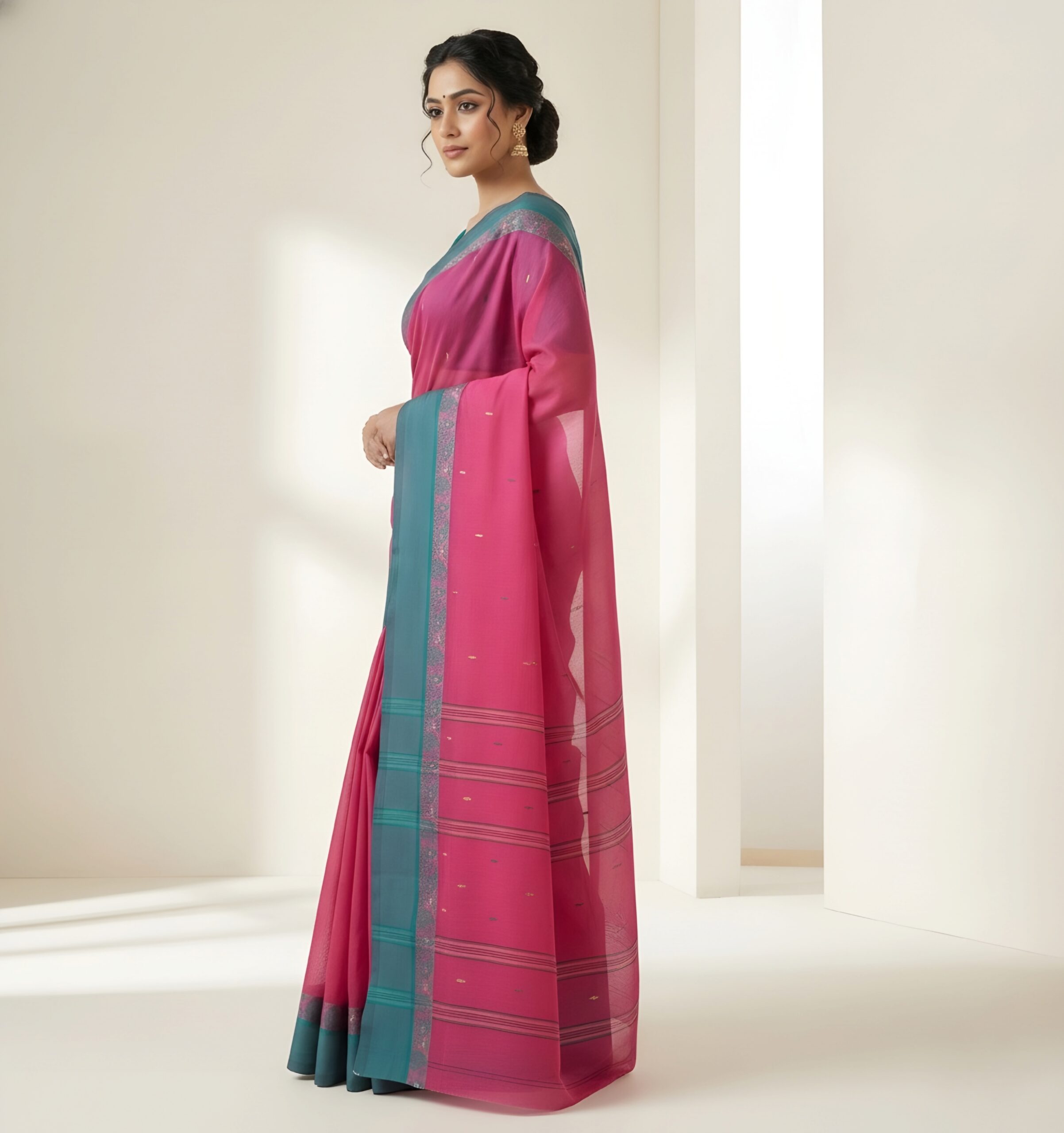 Vibrant Magenta Pink Tant Saree with Contrast Forest Green Border – Pure Handloom Cotton | Sutayan