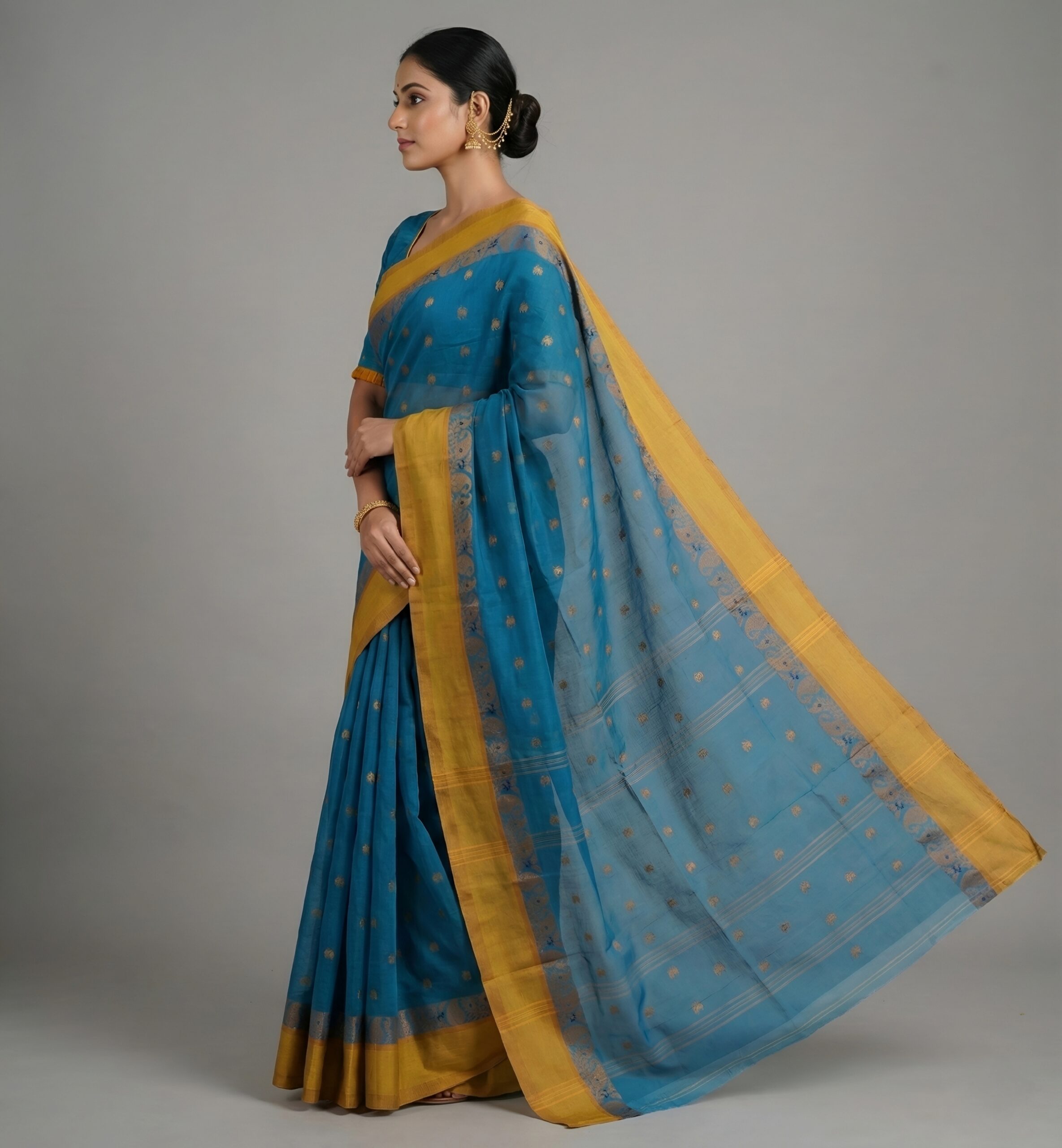 Regal Peacock Blue Tant Saree with Mustard Yellow Woven Border – Pure Handloom Cotton | Sutayan