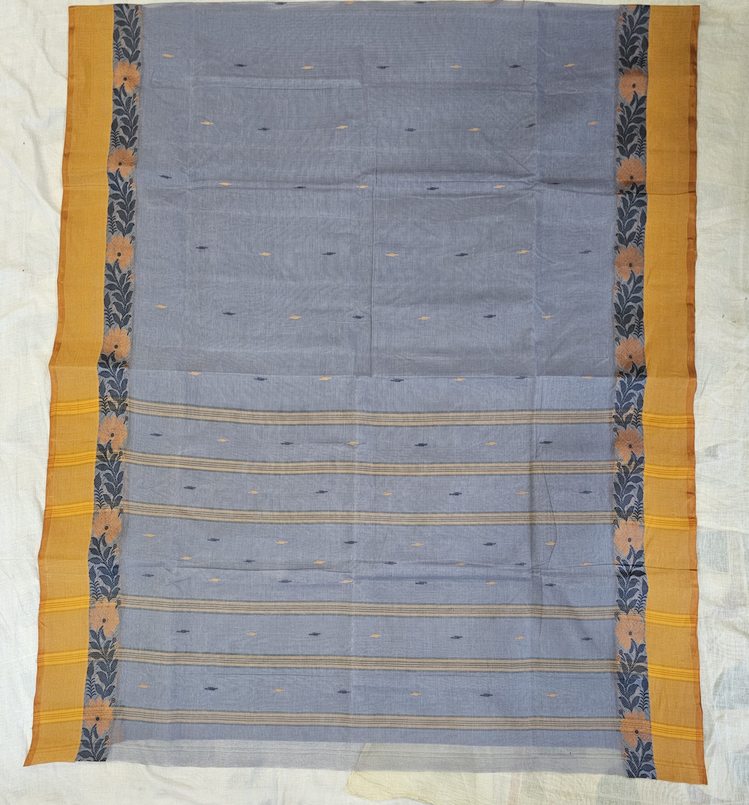 Sophisticated Steel Grey Tant Saree with Mustard Yellow Floral Border – Pure Handloom Cotton | Sutayan