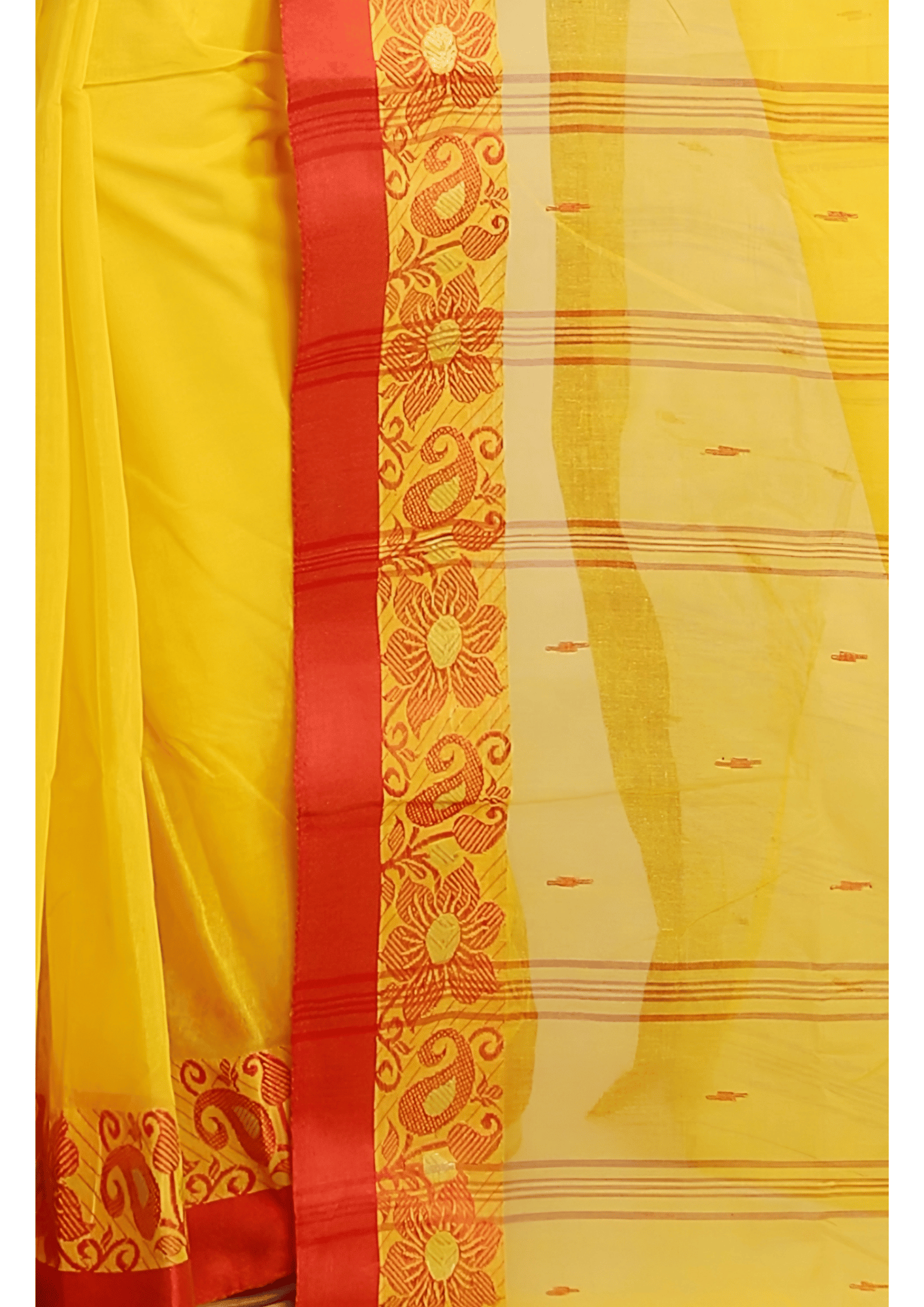 Vibrant Mustard Yellow Tant Saree with Traditional Red Woven Border – Pure Handloom Cotton | Sutayan