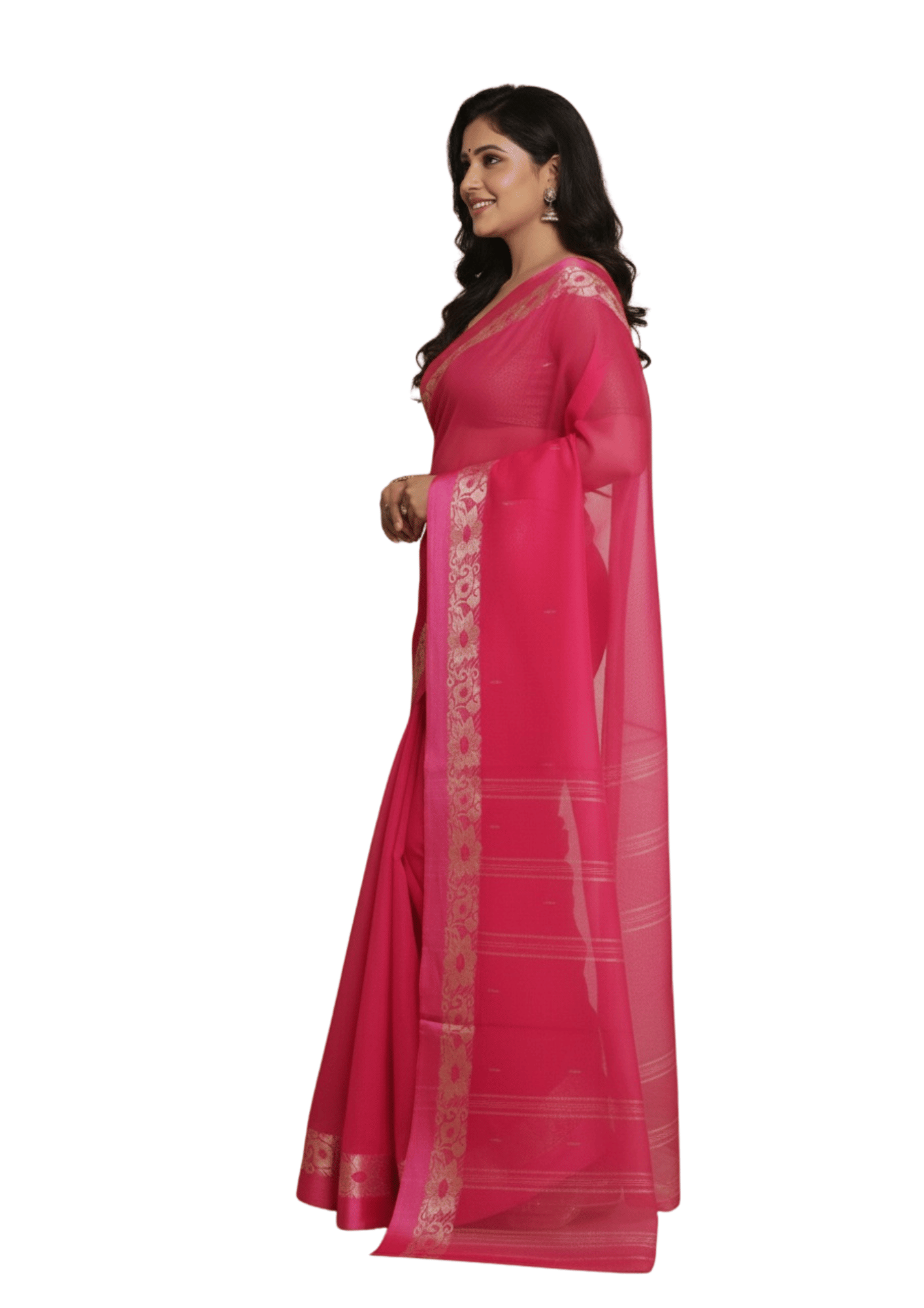 Vibrant Fuchsia Pink Tant Saree with Elegant Silver-Gold Floral Border – Pure Handloom Cotton | Sutayan