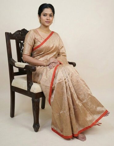Champagne Gold Tissue Silk Saree with Contrast Red Border & Blouse Piece – Chic Festive Wear | Sutayan