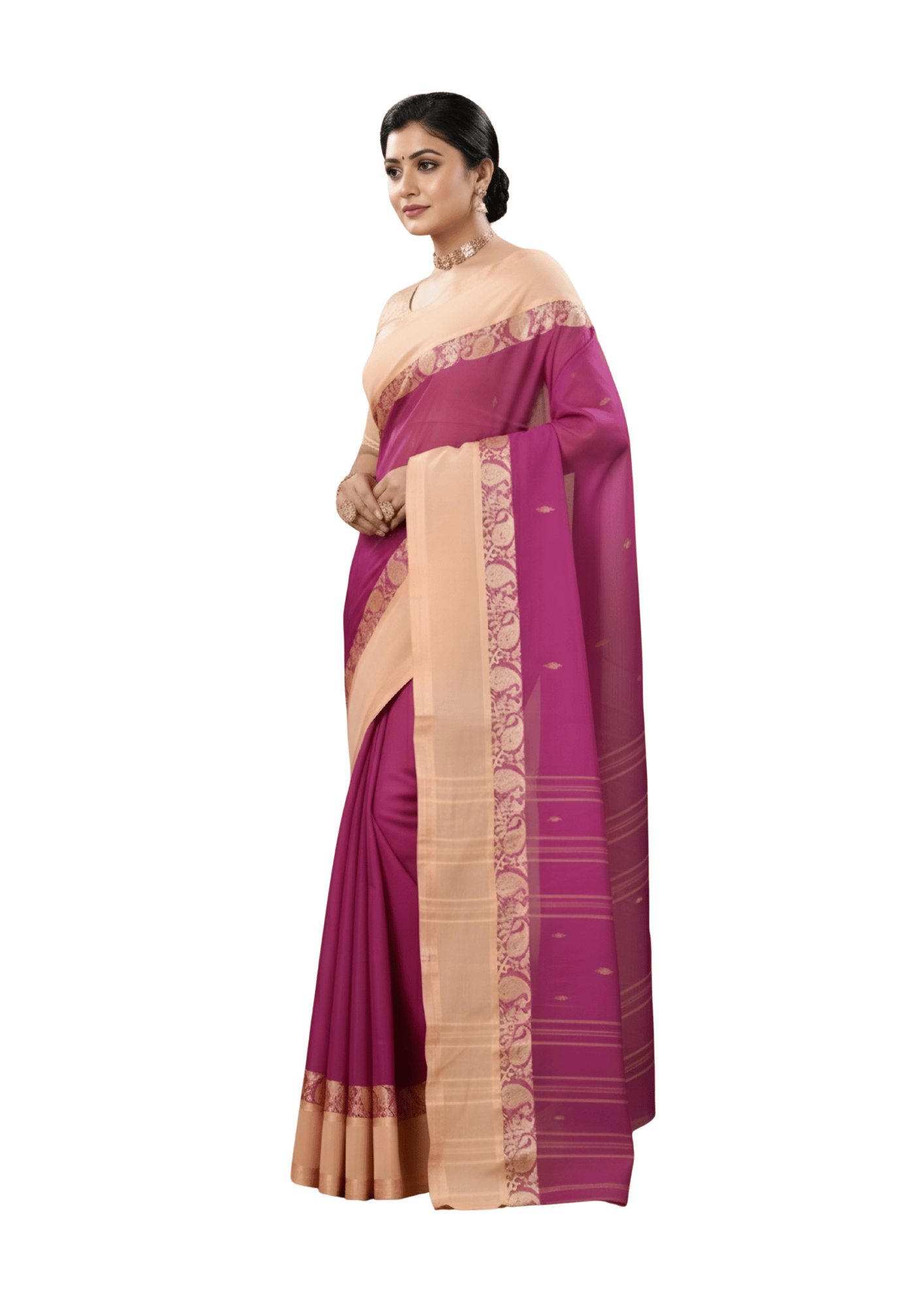 Regal Magenta Purple Tant Saree with Cream-Gold Floral Woven Border – Pure Handloom Cotton | Sutayan