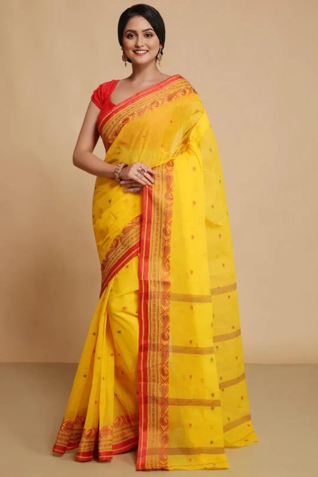 Traditional Bright Yellow Tant Saree with Red Woven Border – Pure Cotton Handloom Saree | Sutayan
