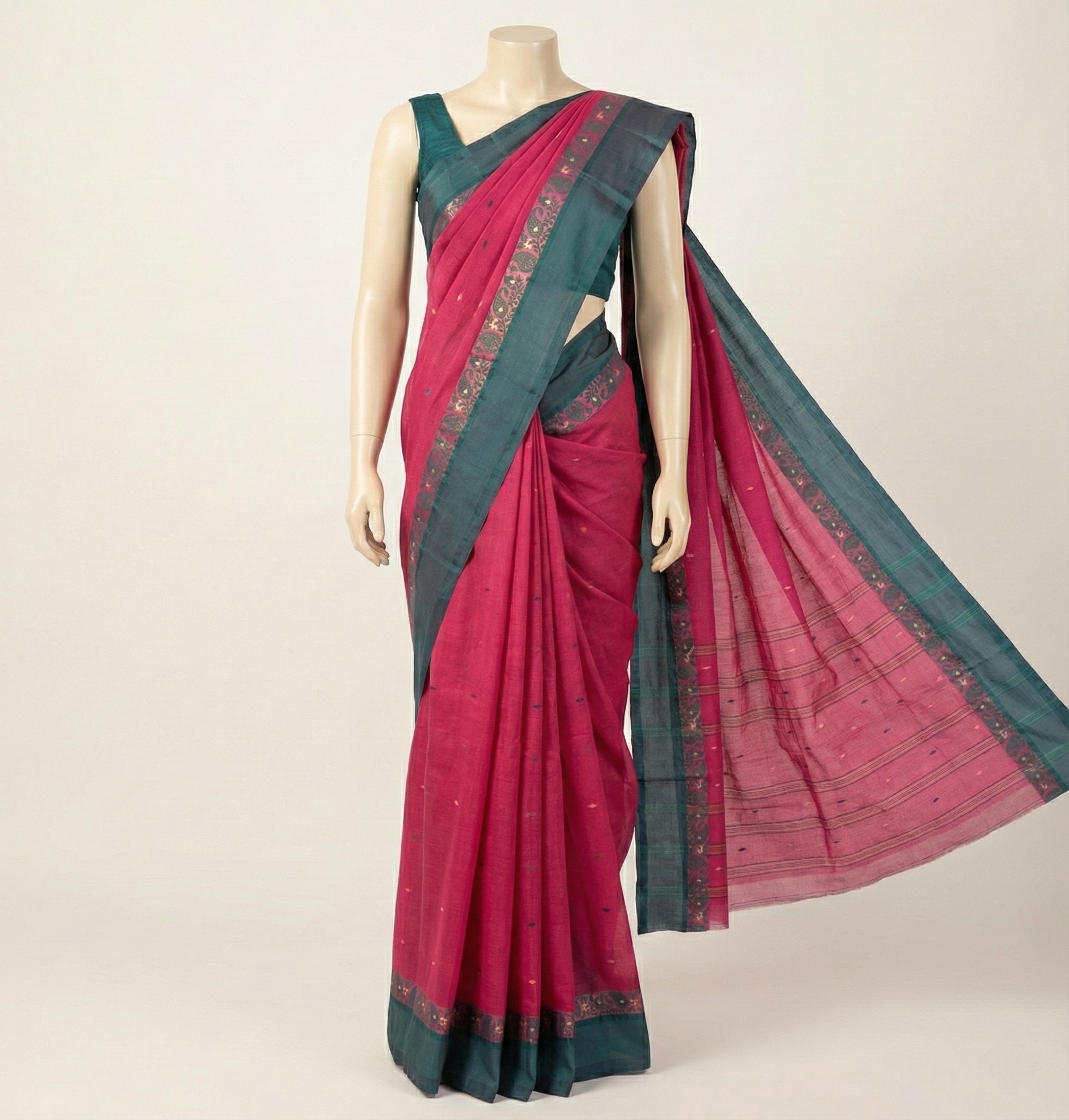 Vibrant Magenta Pink Tant Saree with Contrast Forest Green Border – Pure Handloom Cotton | Sutayan