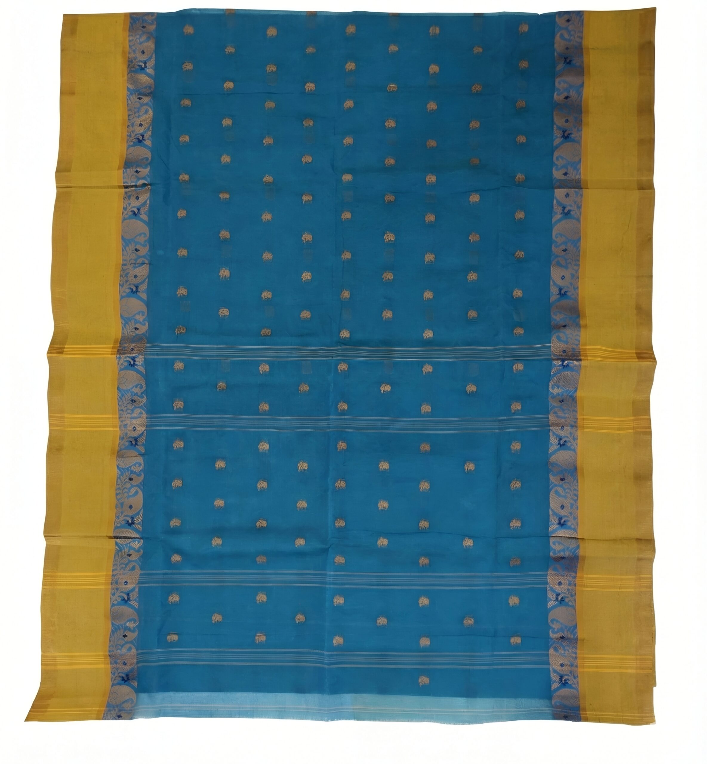 Regal Peacock Blue Tant Saree with Mustard Yellow Woven Border – Pure Handloom Cotton | Sutayan