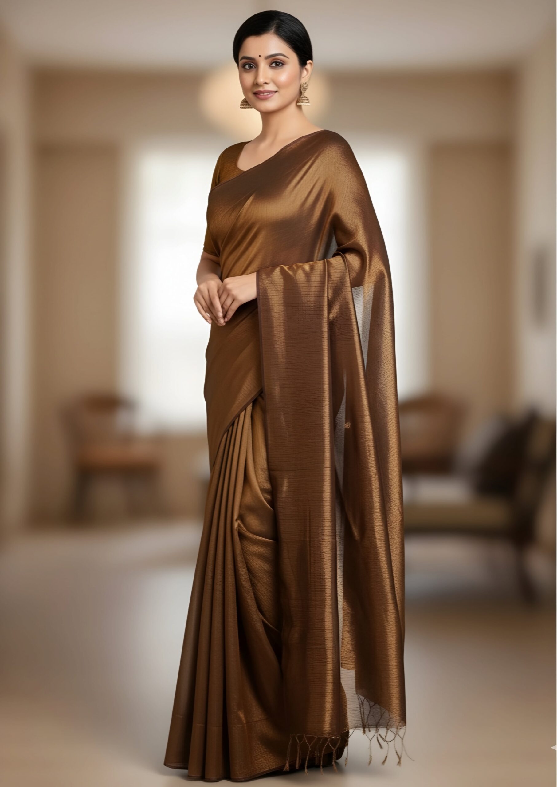 Luxurious Chocolate Brown Tissue Silk Saree with Blouse Piece – Metallic Evening Festive Wear | Sutayan