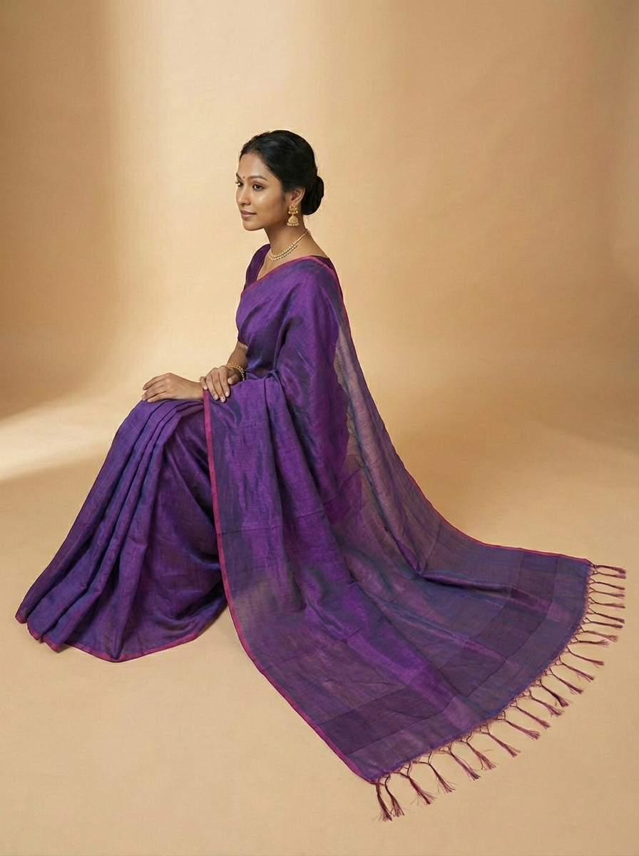 Elegant Purple Handloom Tissue Saree with Contrast Border | Sutayan