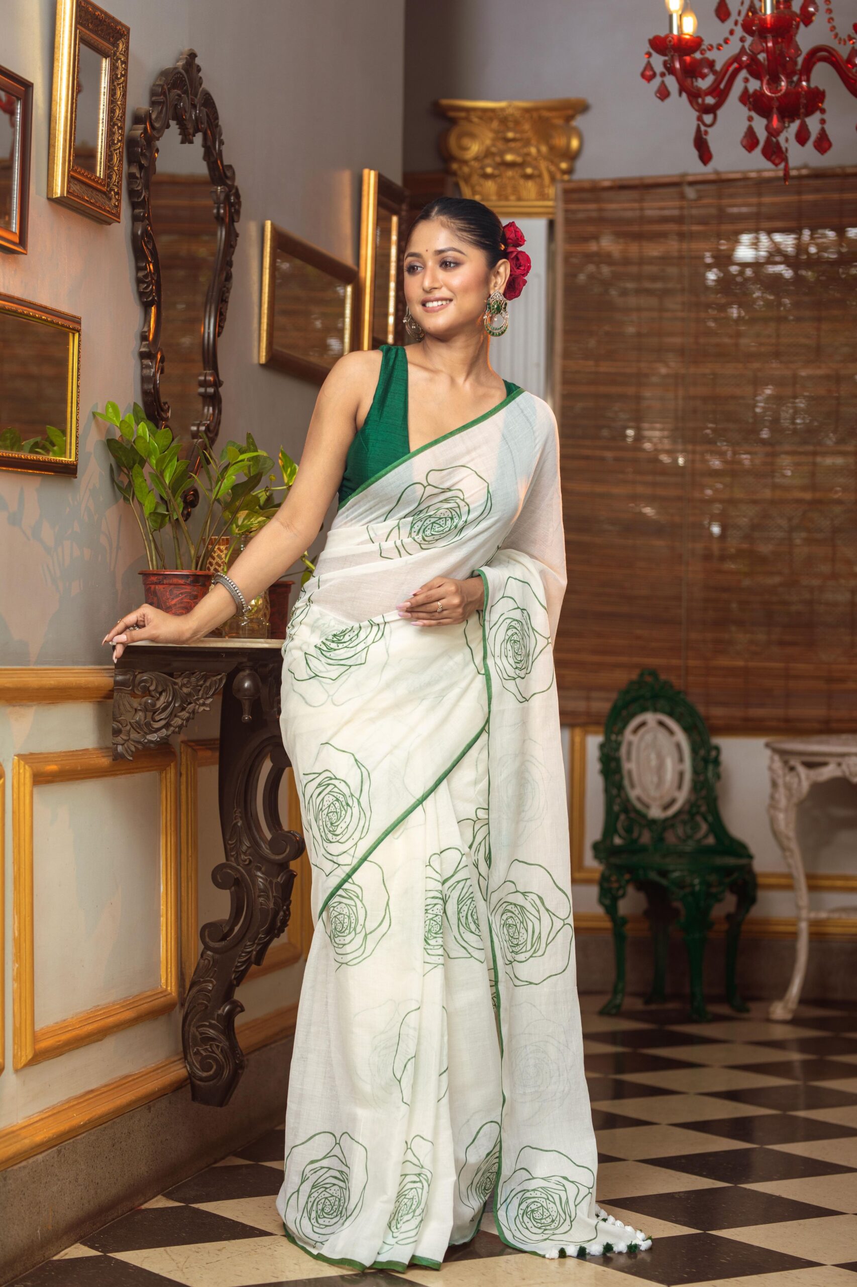 Artistic Off-White Pure Mul Cotton Saree with Forest Green Rose Prints – Breezy Summer Handloom | Sutayan