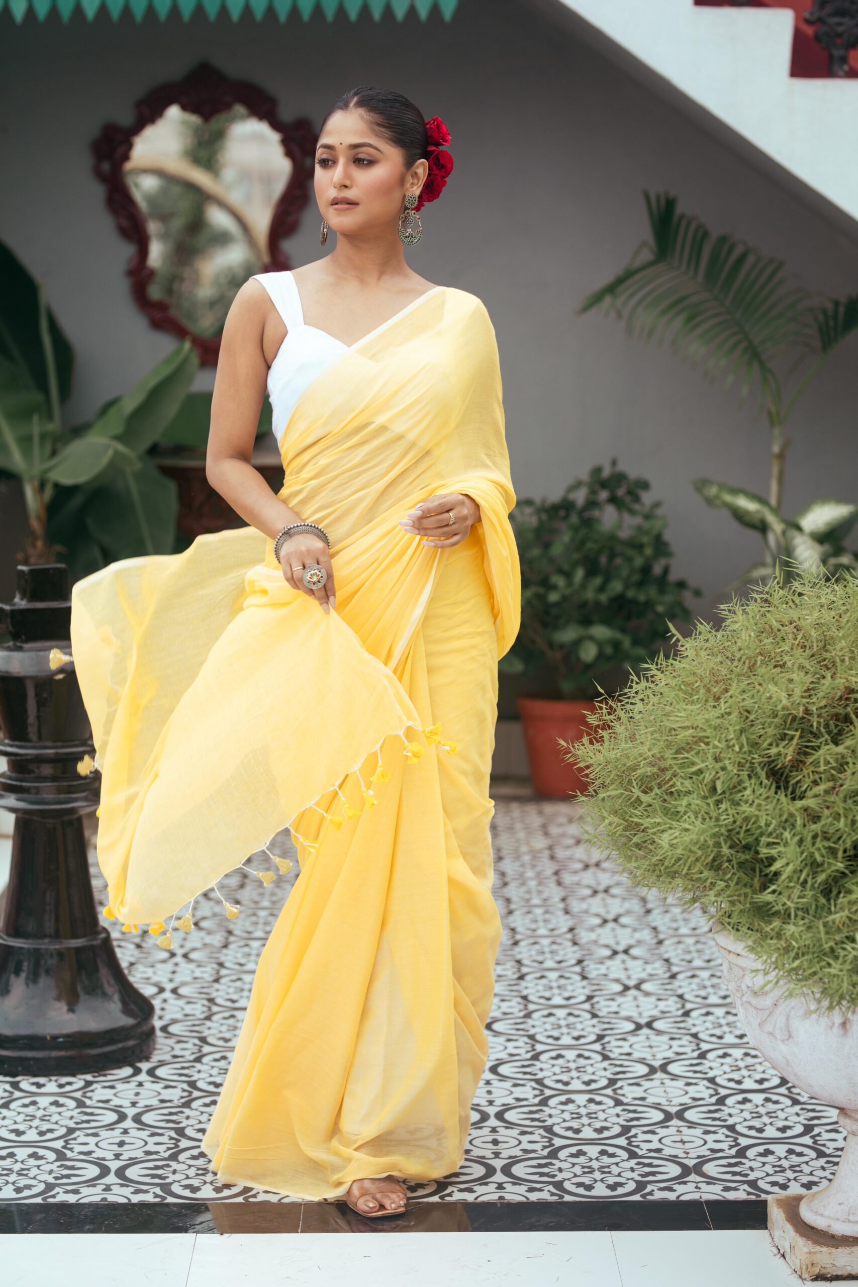 Ultra-Soft Lemon Yellow Pure Mul Cotton Saree with Elegant Pom-Pom Tassels – Breezy Summer Wear | Sutayan