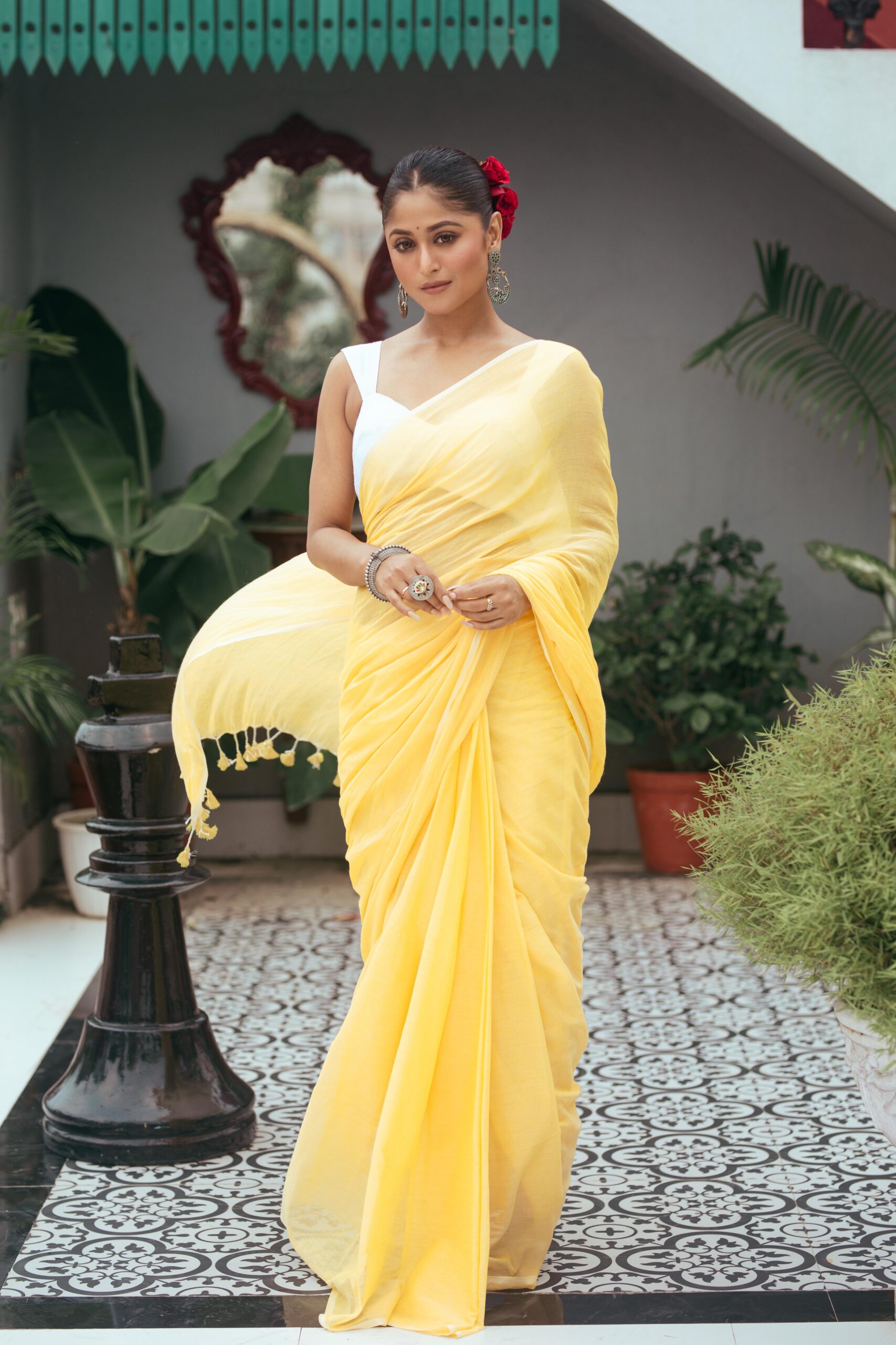 Ultra-Soft Lemon Yellow Pure Mul Cotton Saree with Elegant Pom-Pom Tassels – Breezy Summer Wear | Sutayan