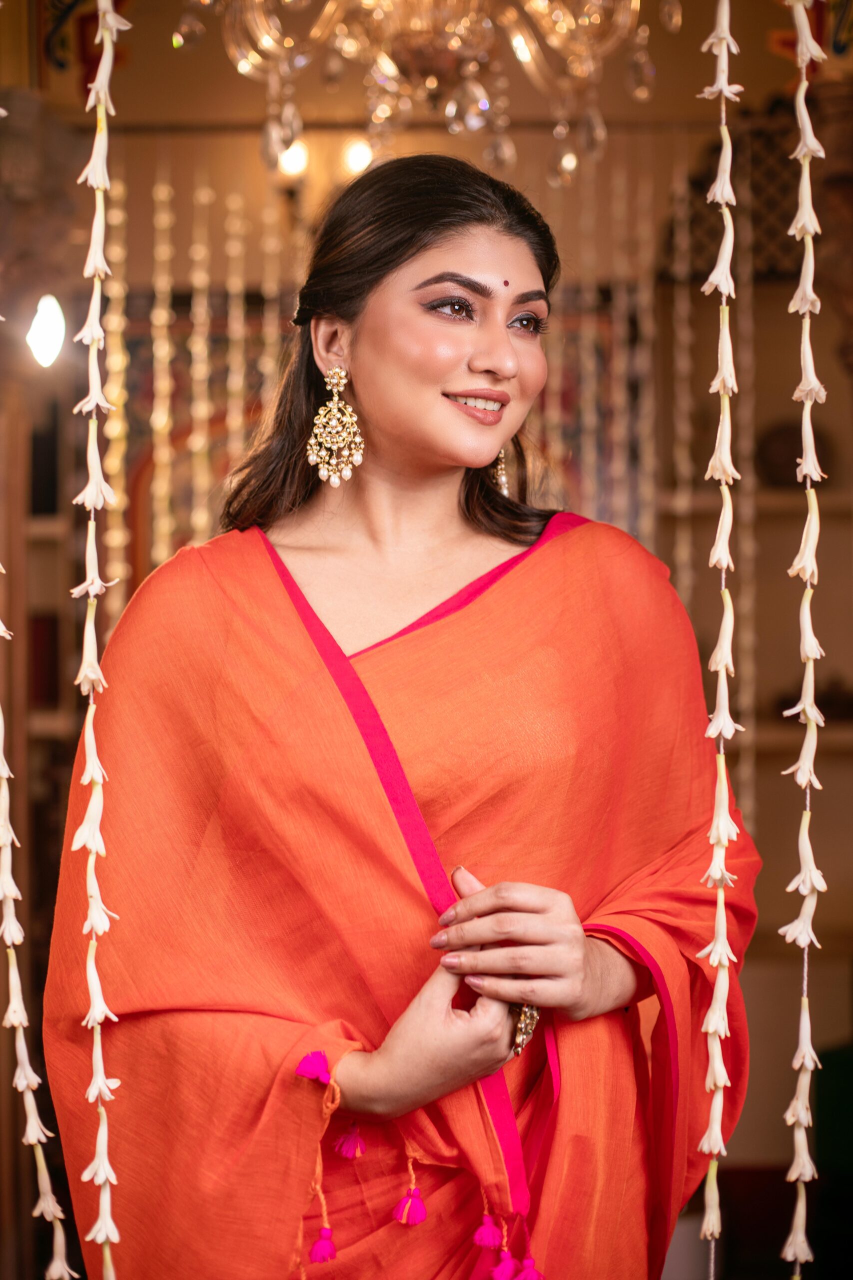 Vibrant Orange Pure Mul Cotton Saree with Hot Pink Piping & Tassels – Breezy Festive Wear | Sutayan