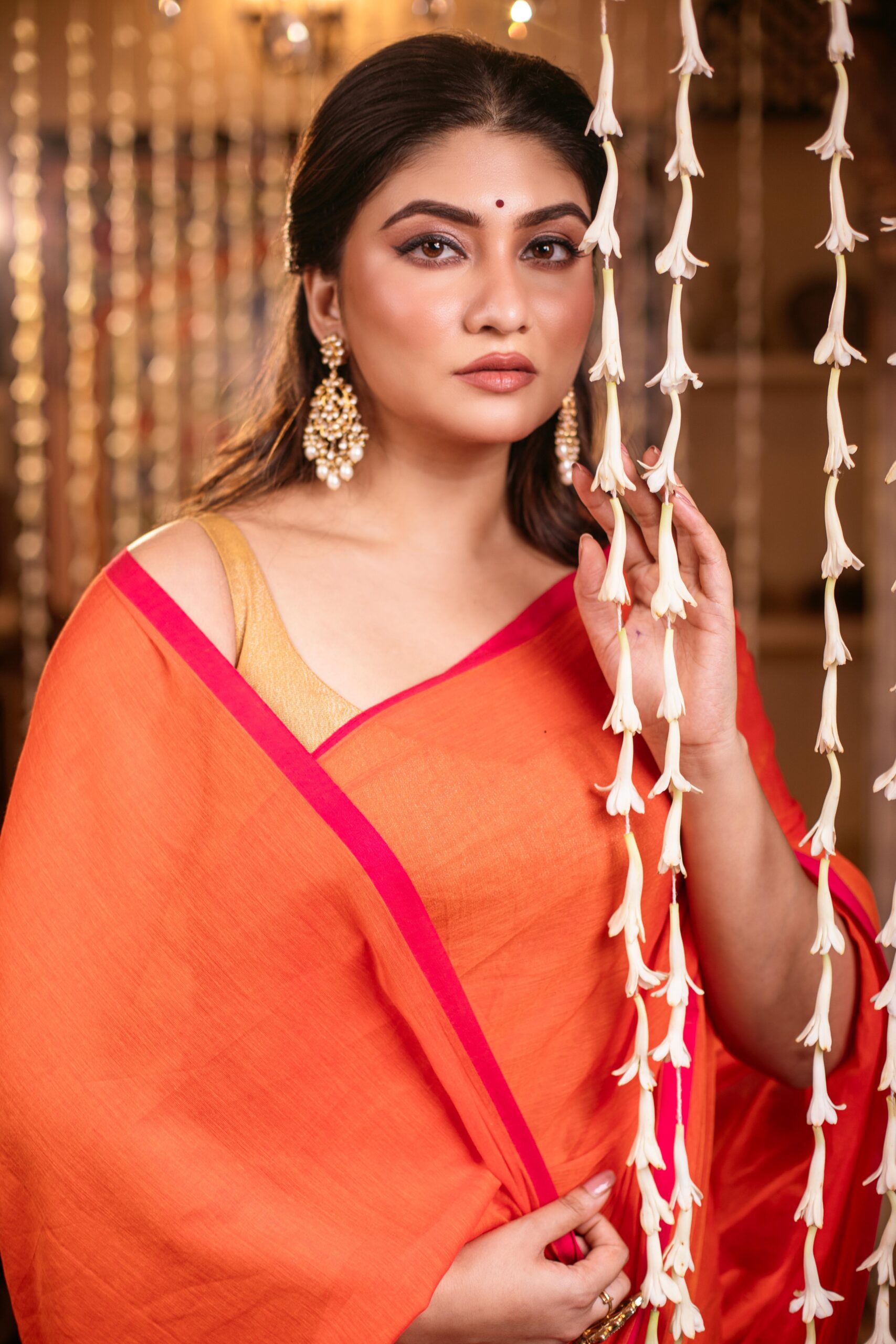 Vibrant Orange Pure Mul Cotton Saree with Hot Pink Piping & Tassels – Breezy Festive Wear | Sutayan