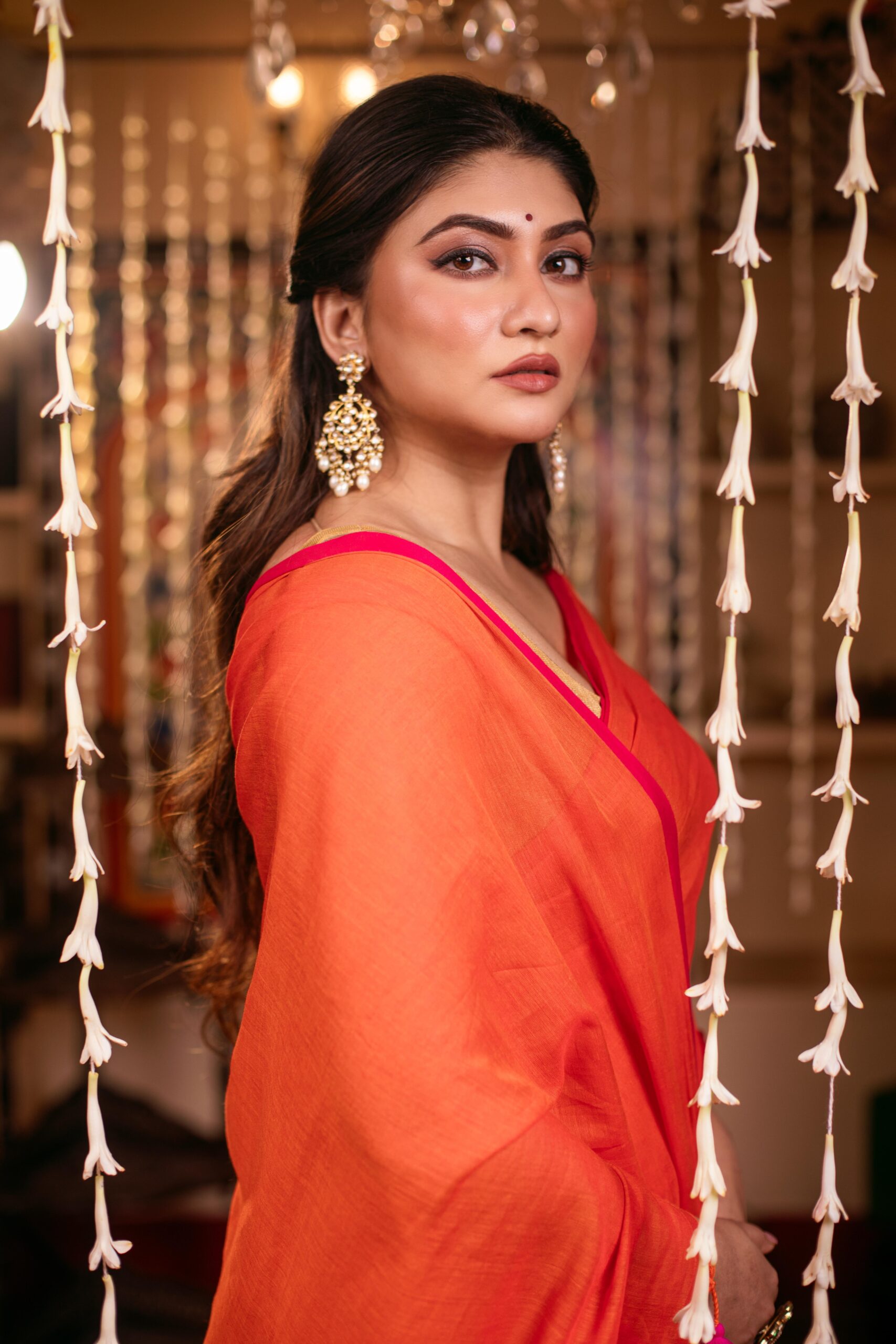 Vibrant Orange Pure Mul Cotton Saree with Hot Pink Piping & Tassels – Breezy Festive Wear | Sutayan
