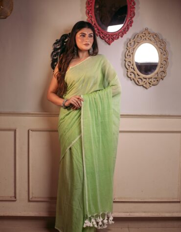 Refreshing Mint Green Pure Mul Cotton Saree with White Piping & Tassels – Breezy Summer Handloom | Sutayan