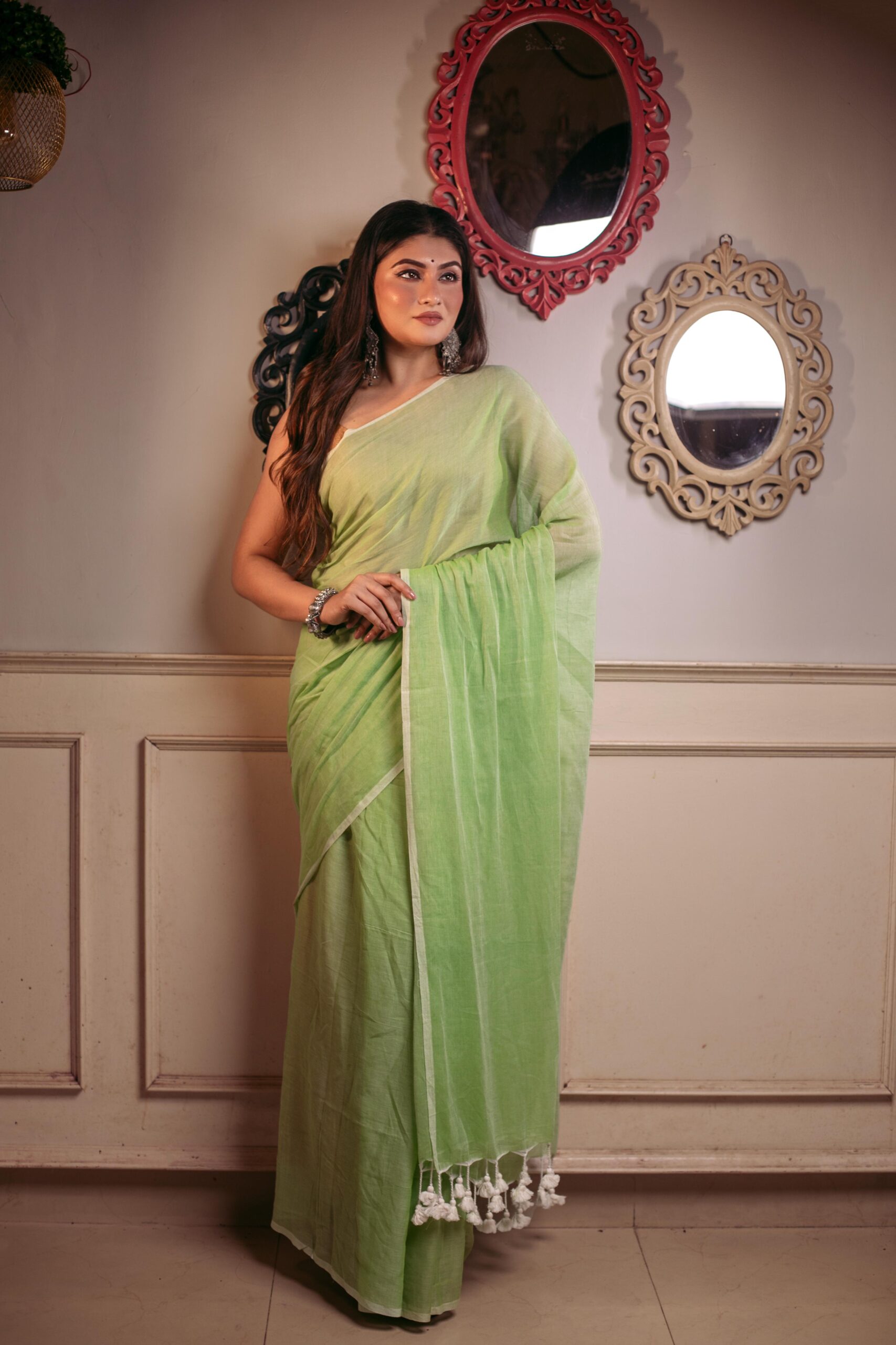 Refreshing Mint Green Pure Mul Cotton Saree with White Piping & Tassels – Breezy Summer Handloom | Sutayan