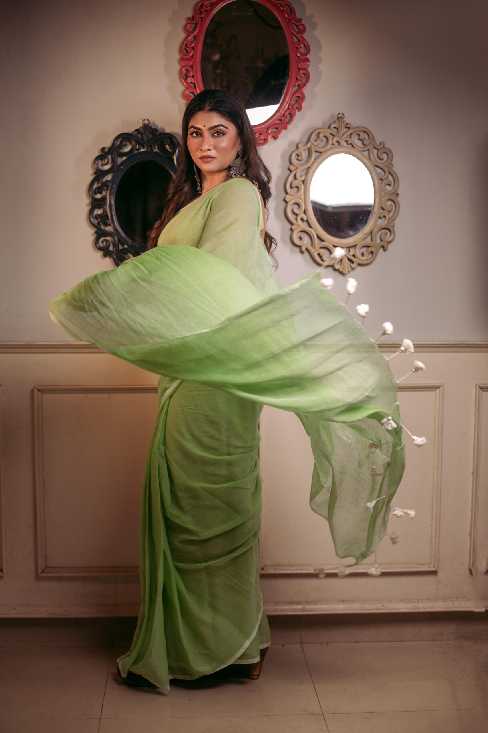 Refreshing Mint Green Pure Mul Cotton Saree with White Piping & Tassels – Breezy Summer Handloom | Sutayan