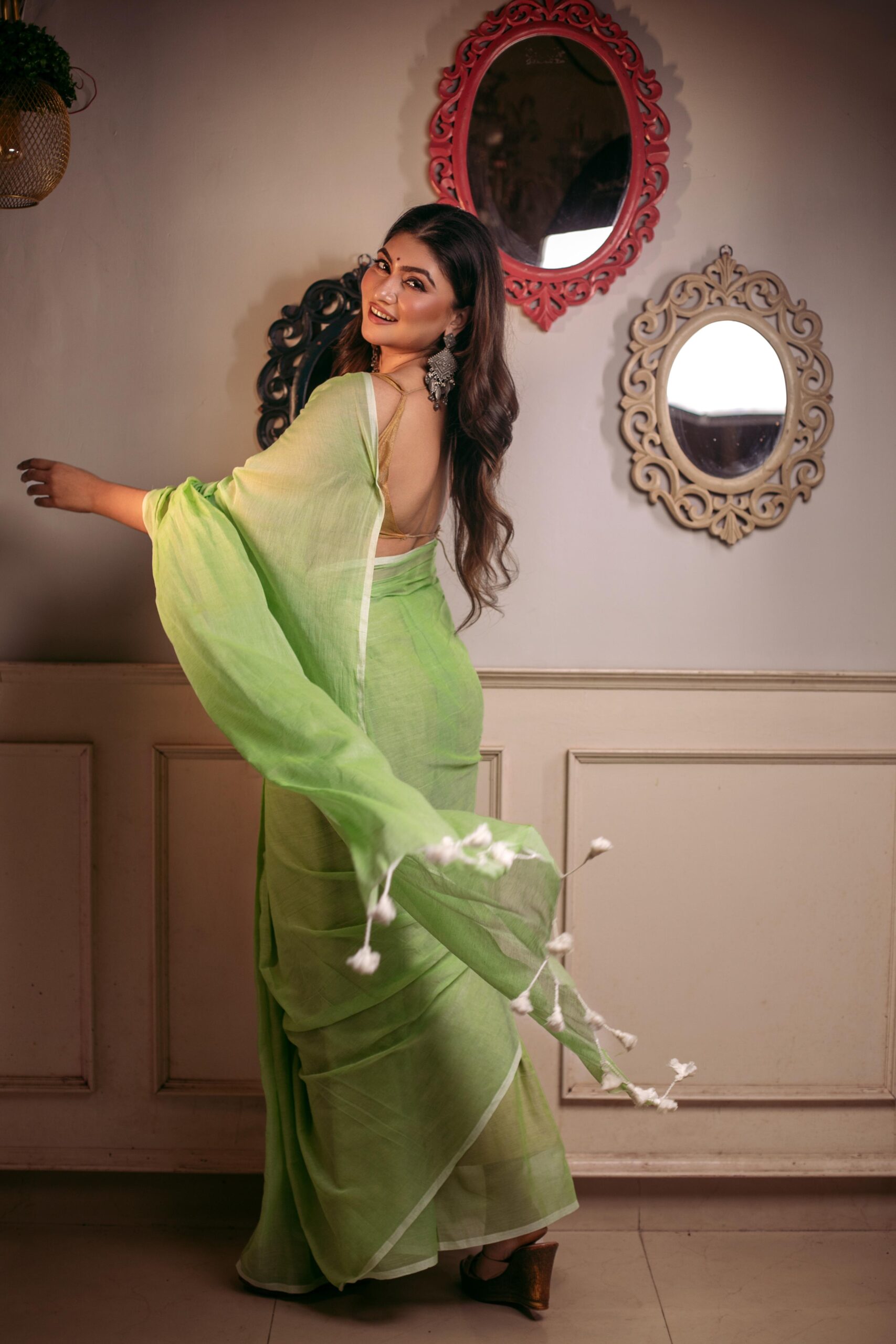 Refreshing Mint Green Pure Mul Cotton Saree with White Piping & Tassels – Breezy Summer Handloom | Sutayan