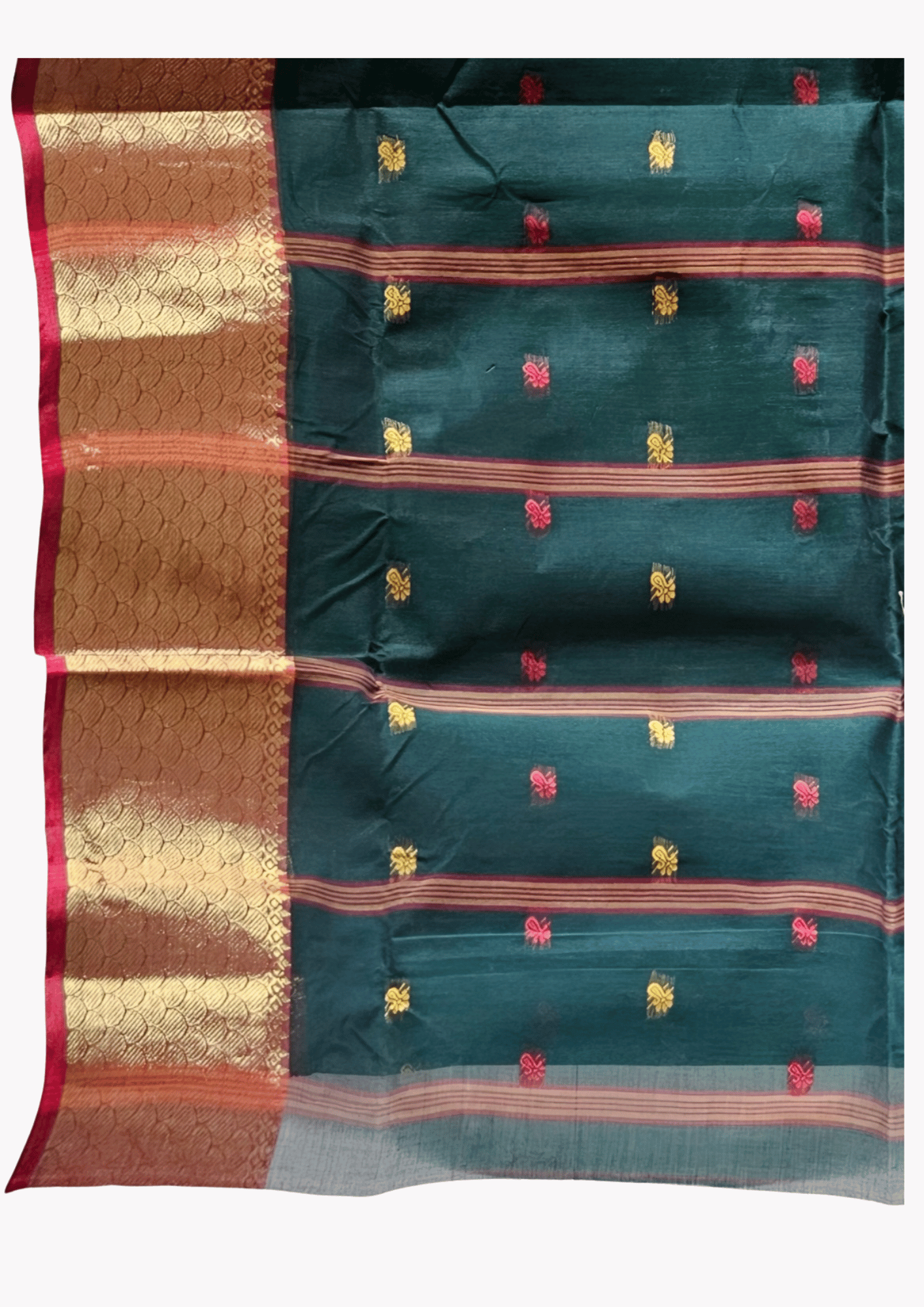 Regal Bottle Green Tant Saree with Rich Copper-Gold Border – Pure Handloom Cotton Festive Wear | Sutayan