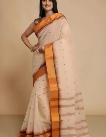 Bright Ochre & Off-White Tant Saree with Temple Border – Elegant Handloom Cotton Saree | Sutayan