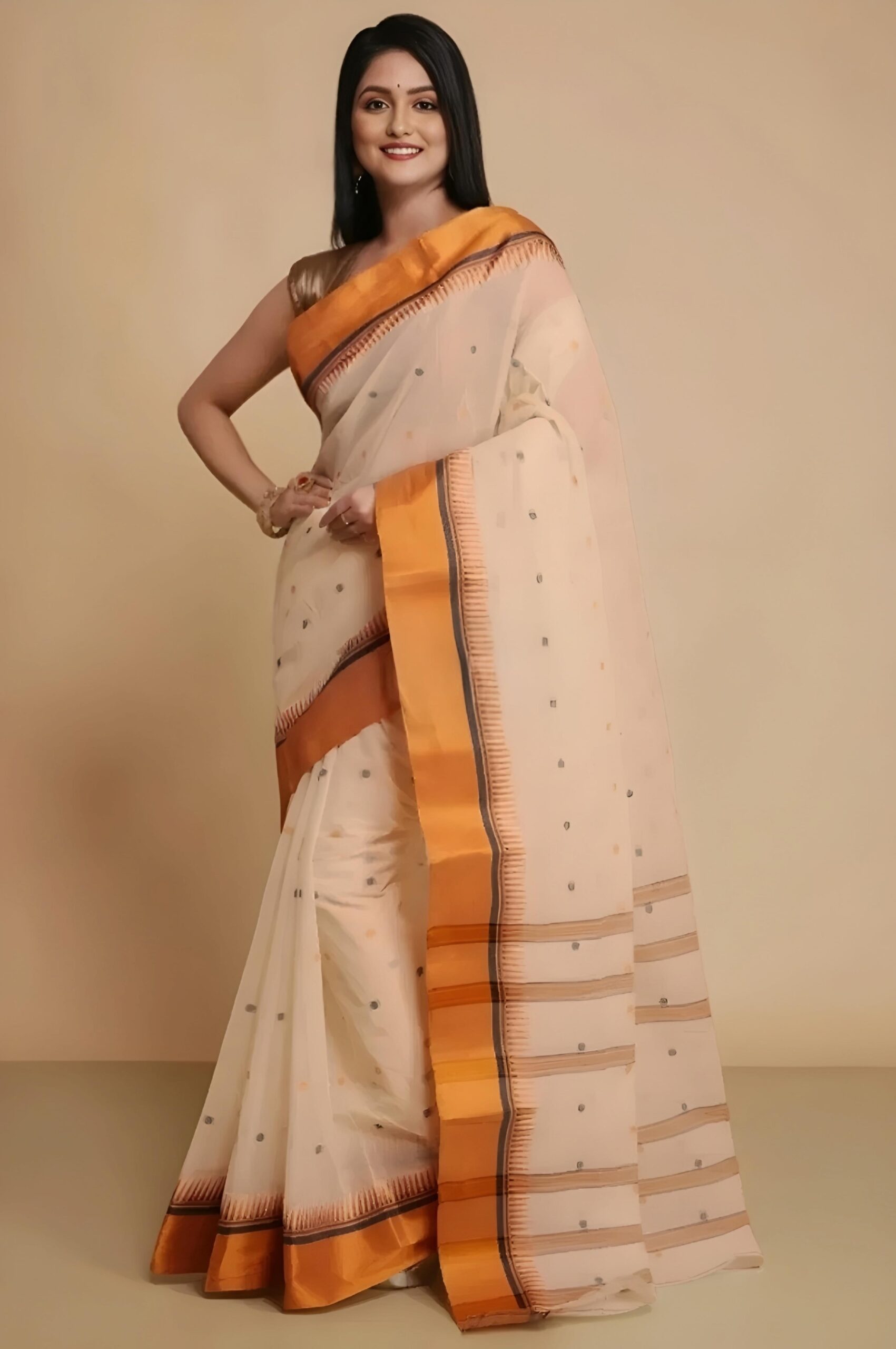 Bright Ochre & Off-White Tant Saree with Temple Border – Elegant Handloom Cotton Saree | Sutayan