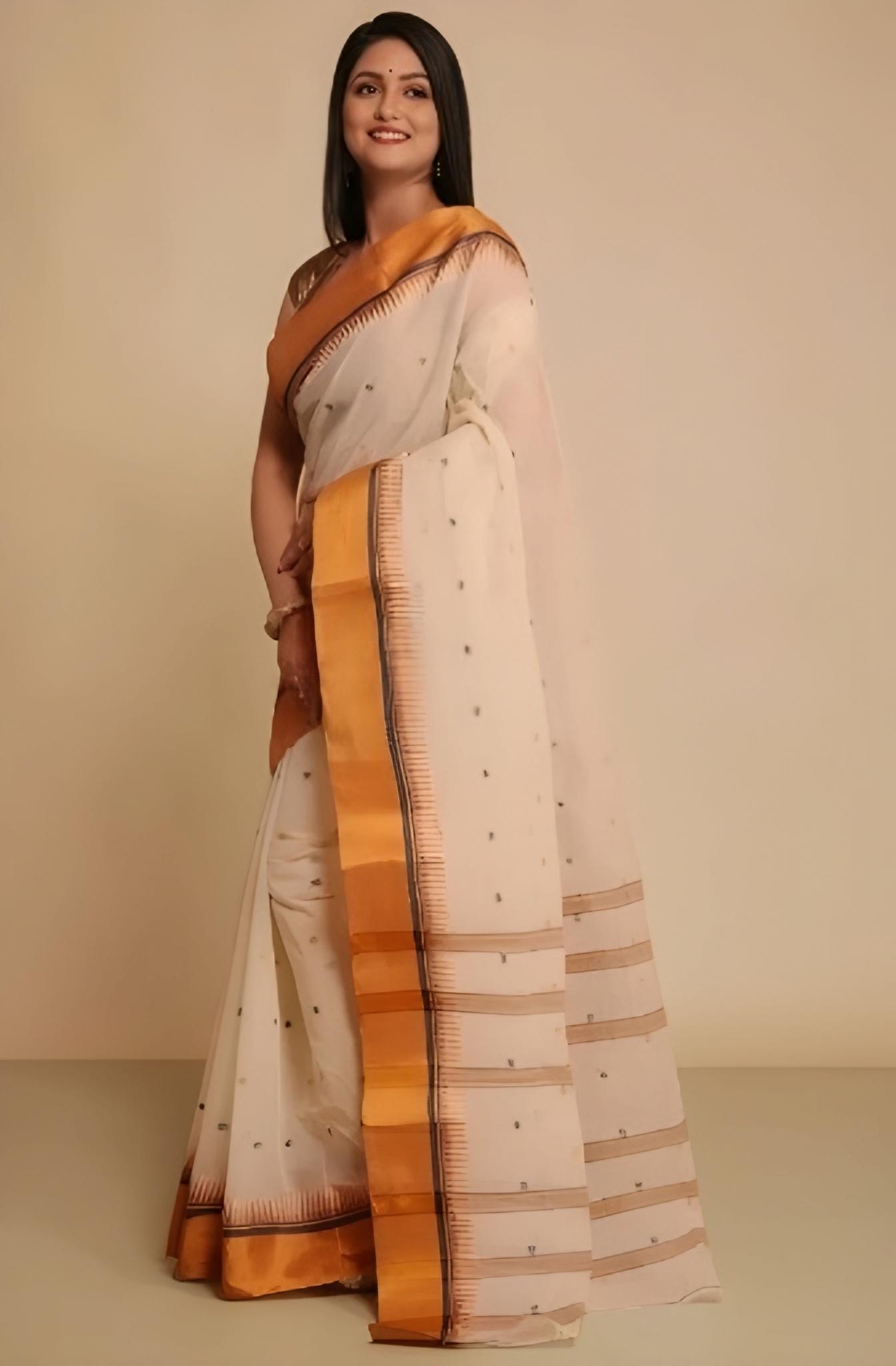 Bright Ochre & Off-White Tant Saree with Temple Border – Elegant Handloom Cotton Saree | Sutayan
