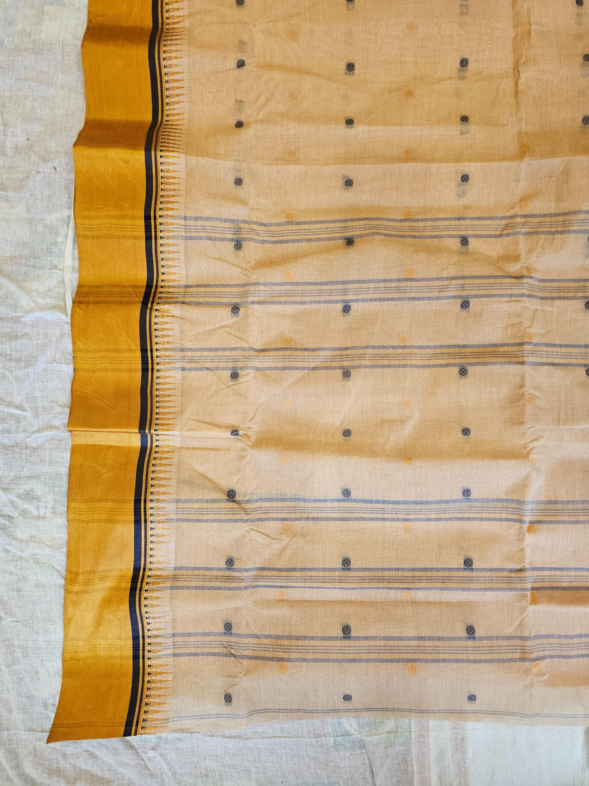 Bright Ochre & Off-White Tant Saree with Temple Border – Elegant Handloom Cotton Saree | Sutayan