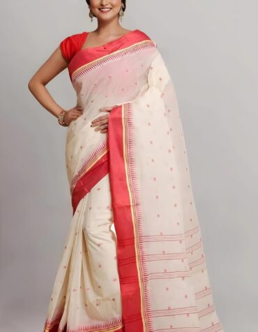 Traditional Off-White & Red Tant Saree with Temple Border – Classic Lal Paar Handloom Cotton | Sutayan