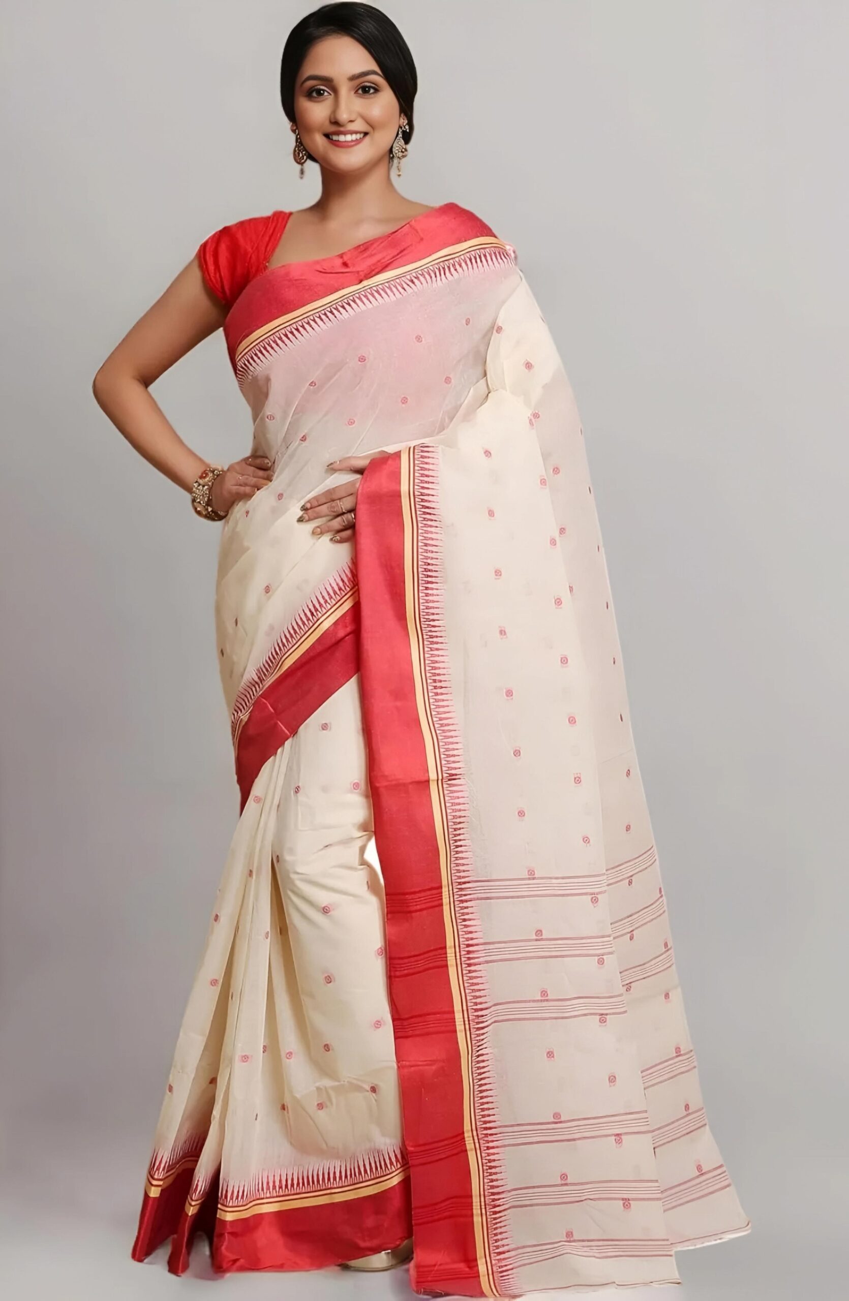 Traditional Off-White & Red Tant Saree with Temple Border – Classic Lal Paar Handloom Cotton | Sutayan