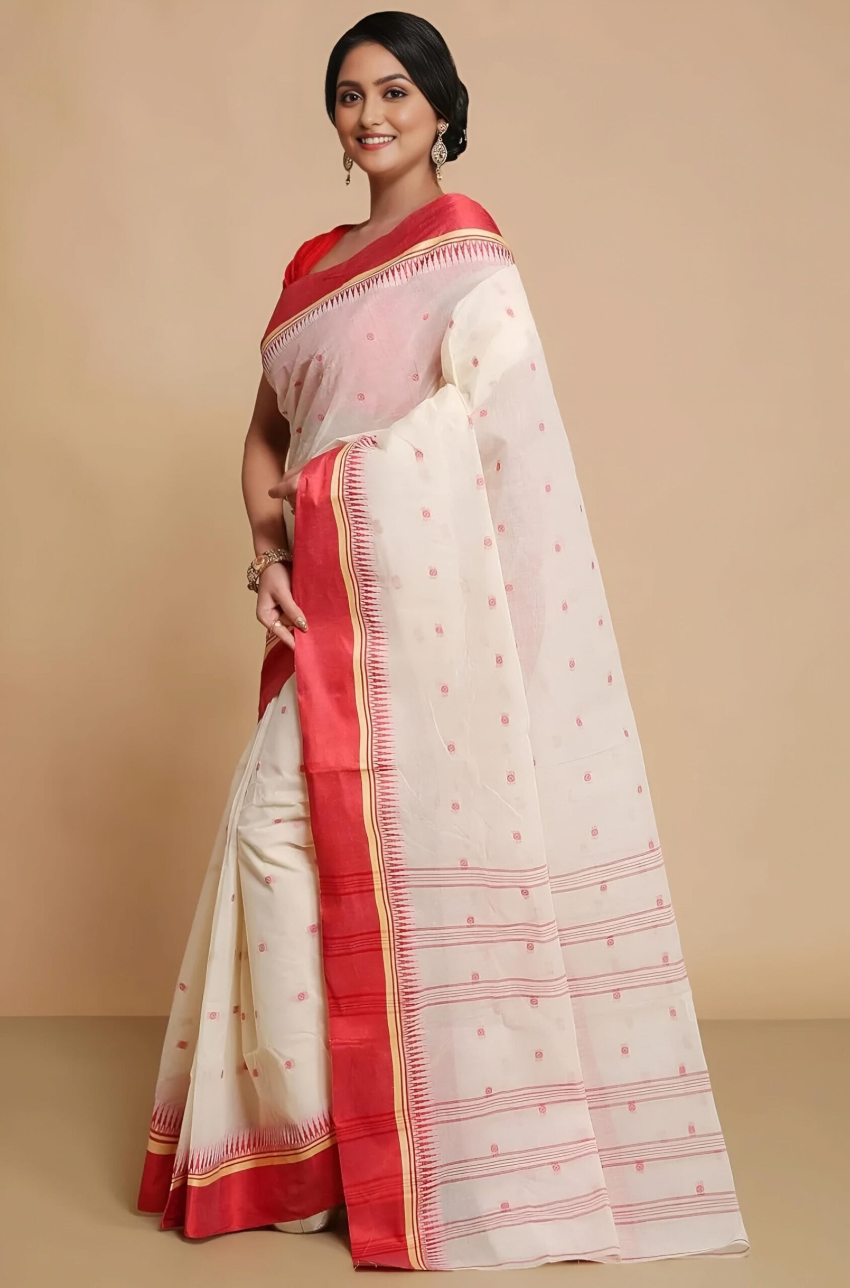 Traditional Off-White & Red Tant Saree with Temple Border – Classic Lal Paar Handloom Cotton | Sutayan