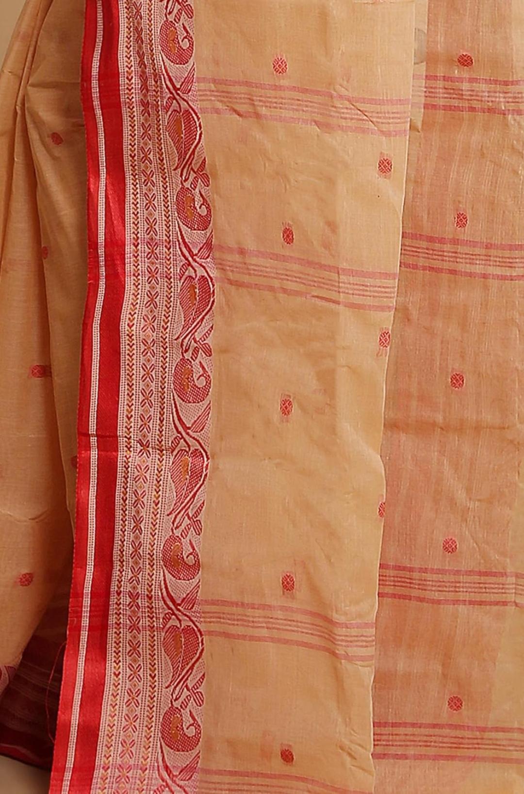 Classic Peach-Beige Tant Saree with Traditional Red Woven Border – Pure Handloom Cotton | Sutayan