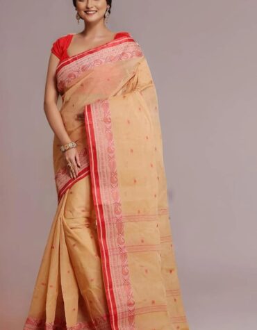 Classic Peach-Beige Tant Saree with Traditional Red Woven Border – Pure Handloom Cotton | Sutayan