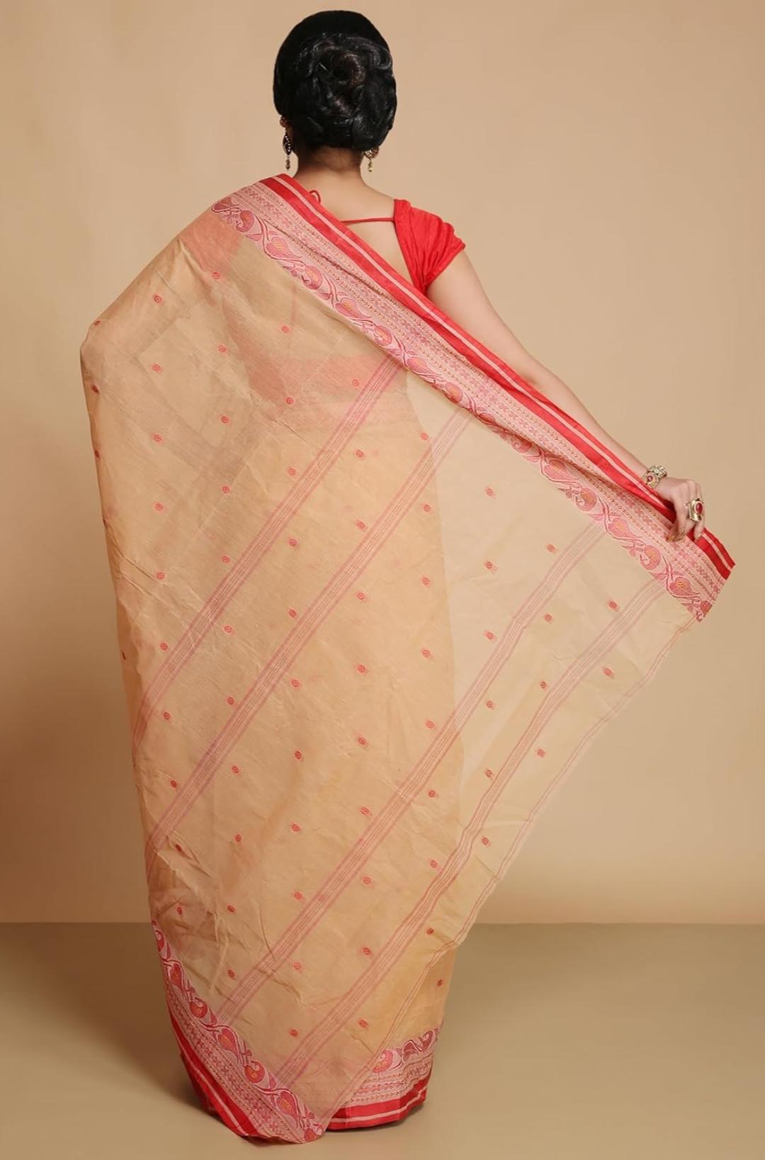 Classic Peach-Beige Tant Saree with Traditional Red Woven Border – Pure Handloom Cotton | Sutayan