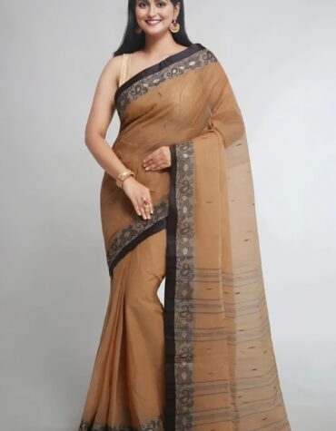 Elegant Biscuit Beige Tant Saree with Dark Charcoal Woven Border – Pure Handloom Cotton | Sutayan