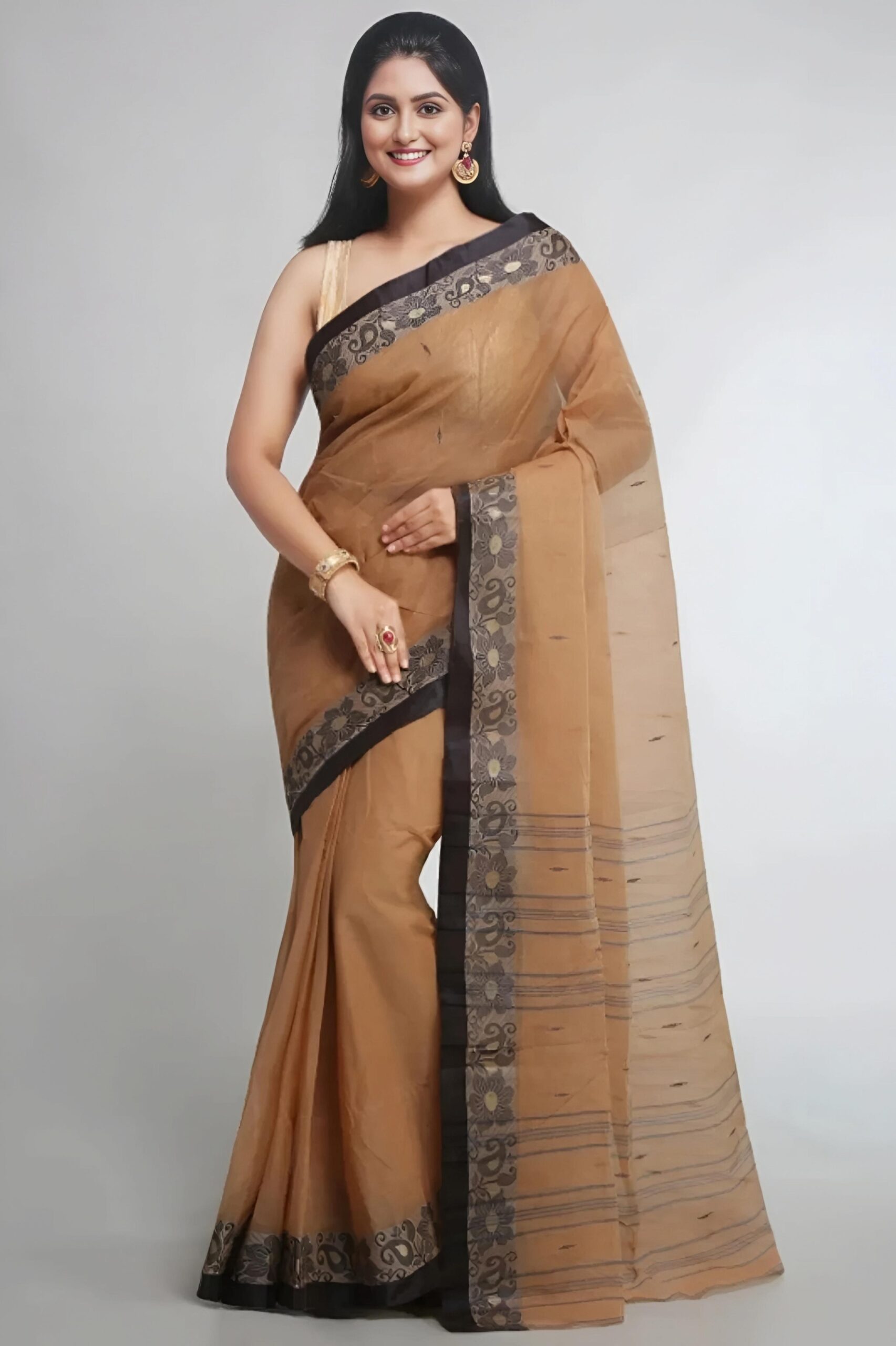 Elegant Biscuit Beige Tant Saree with Dark Charcoal Woven Border – Pure Handloom Cotton | Sutayan