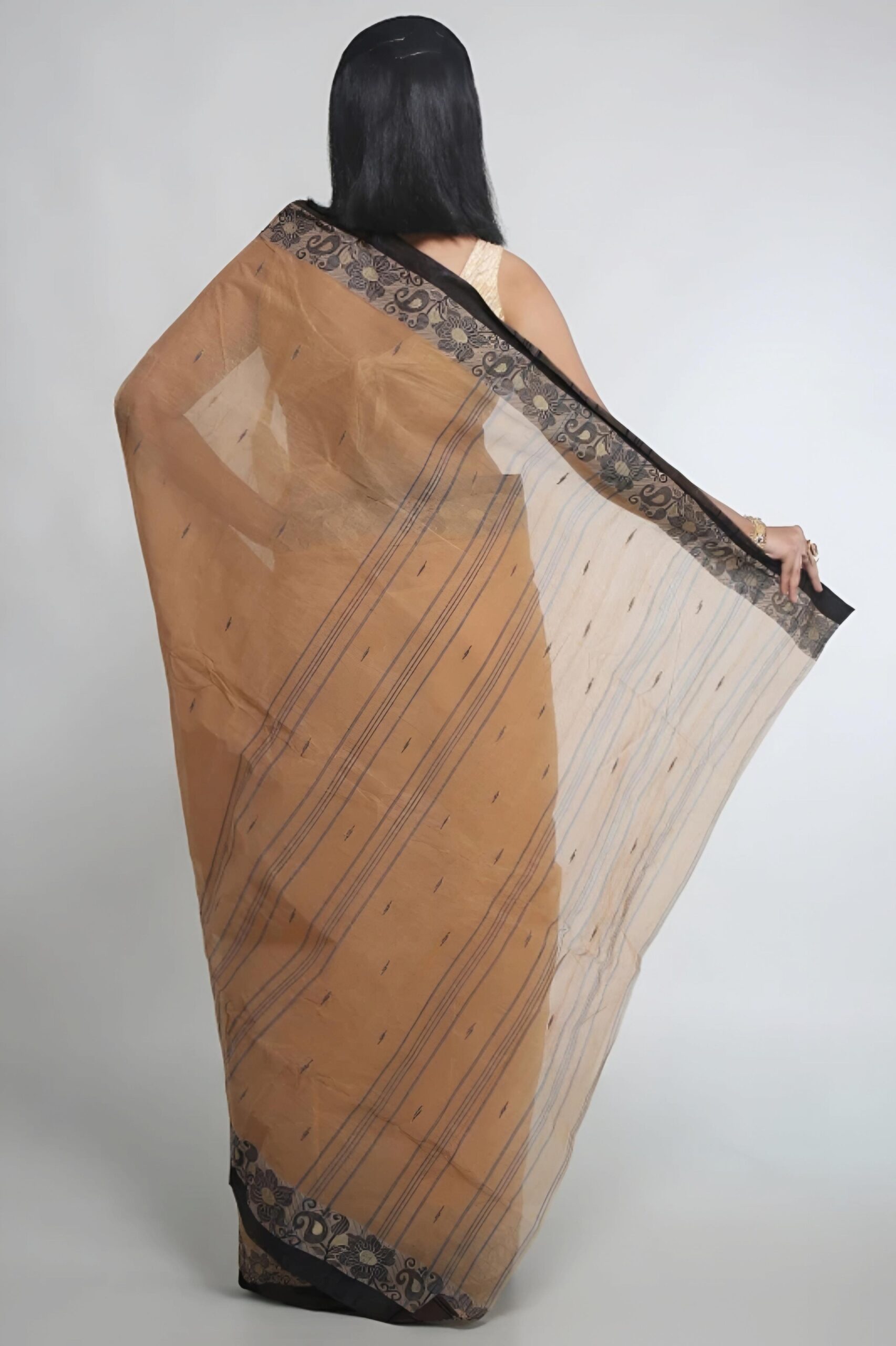 Elegant Biscuit Beige Tant Saree with Dark Charcoal Woven Border – Pure Handloom Cotton | Sutayan